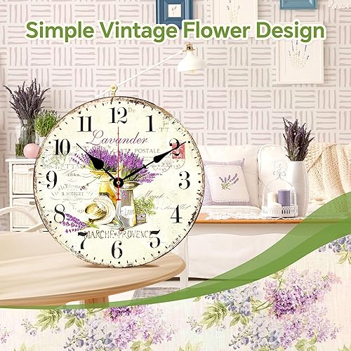 Miniatura 5 de TAHEAT Reloj de pared de lavanda, pequeño reloj de cocina vintage floral Provenza, relojes de pared retro rústicos a pilas para sala de estar,