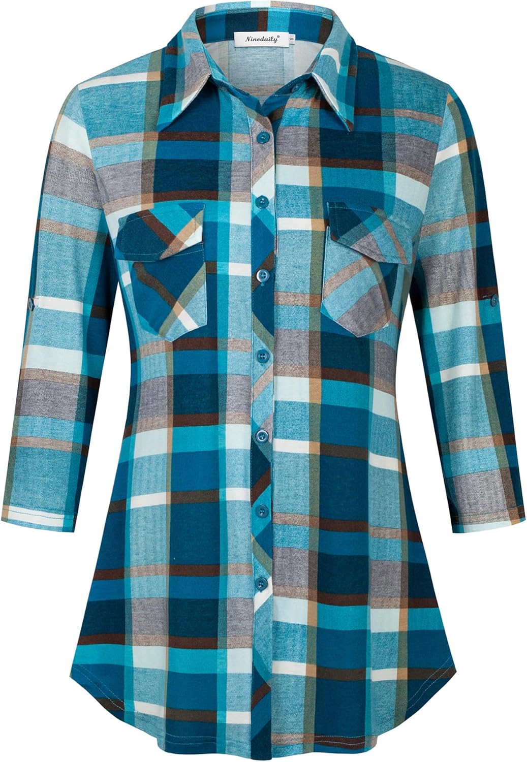 Ninedaily Women's Plaid Shirt Collared Button Down Blouse 3/4 Sleeve Tunic Tops - Image 3