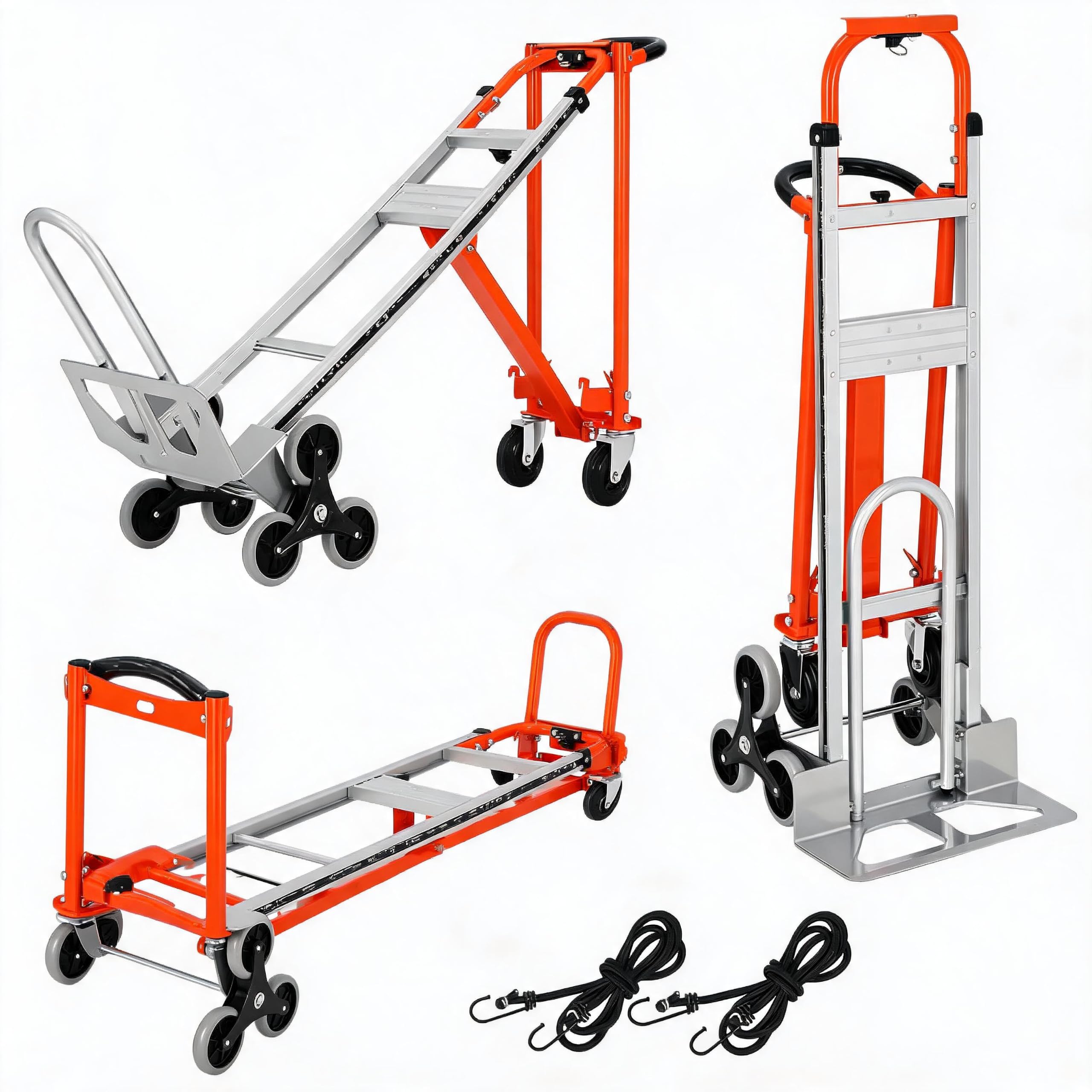 Zstar 3-in-1 Alu-Sackkarre/Handkarre Schwerlast 350 kg (770 lbs) - klappbar & umbaubar zum Plattformwagen - Treppensteiger-Räder - inkl. 2 Spanngurte - Farbe: Tangerine/Silber (Treppenmodell) - Größe: