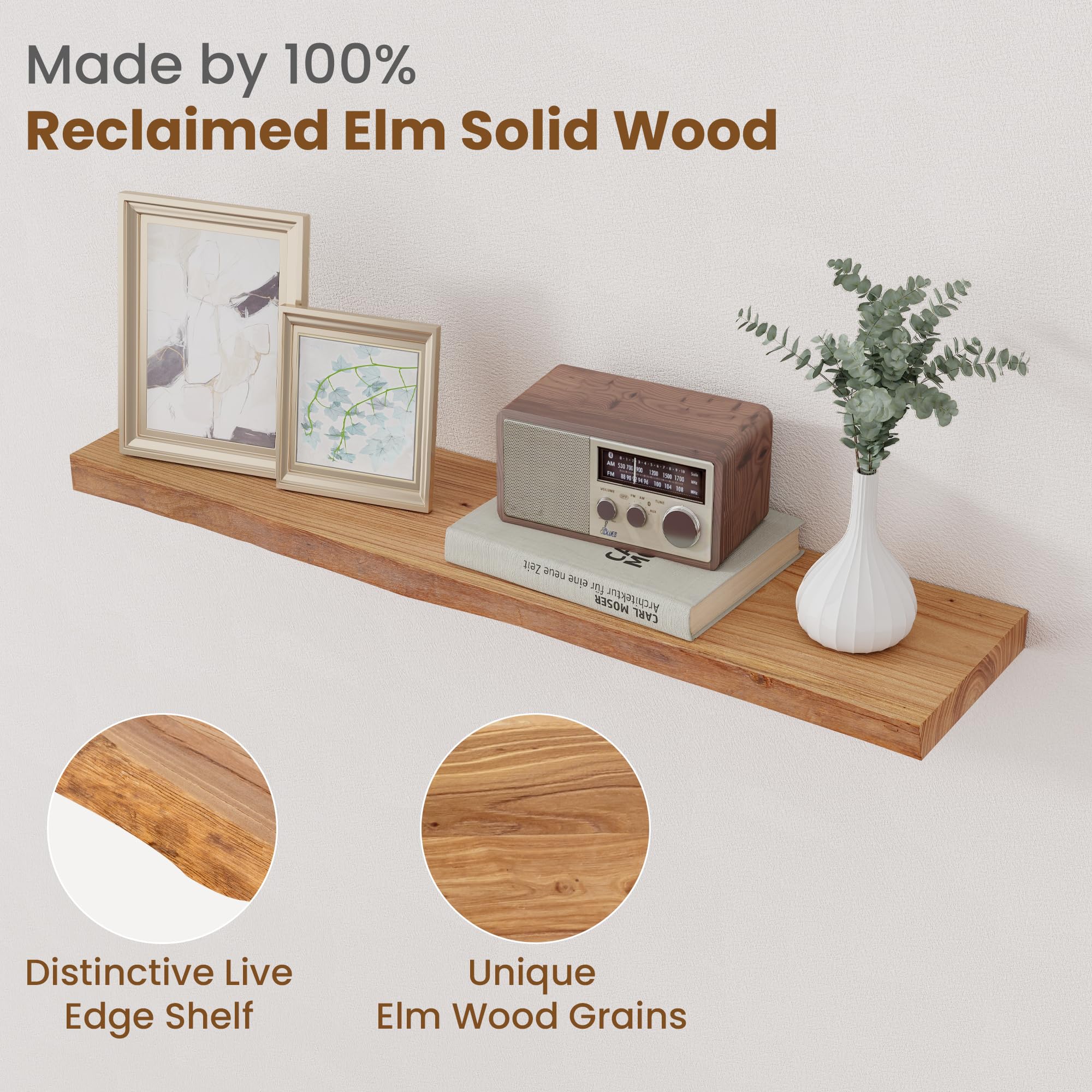 Wandregal als Wanddekoration, 2er Set, 80 cm Rustikale schweberegal Holz aus Massivem Ulmenholz mit Natürliche Kante und Verdeckter Wandhalterung, Geeignet für Wohnzimmer, Schlafzimmer und Küche