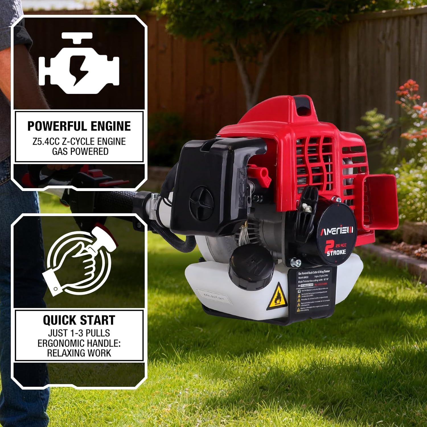 25.4cc Gas Weed Eater, 3-in-1 2 Stroke Powerful Weed Eater String 16-Inch, 10-Inch Quick Start Brush Cutter for Yard Garden Care（AM4532）