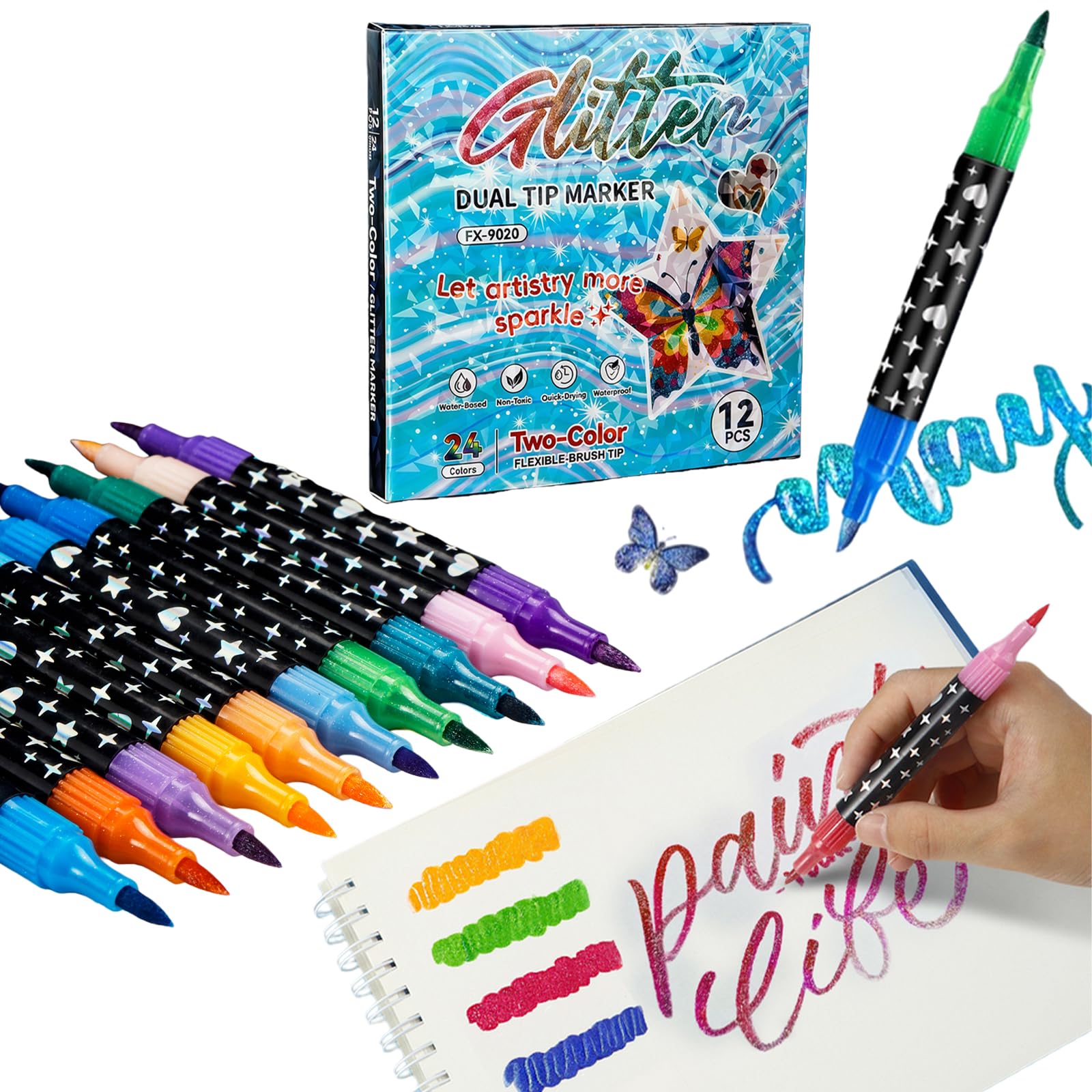 Yolkify 24 Colors Glitter Pens, Glitter Markers Pen, 12Pcs Dual Tip Glitter Painting Markers, Water-based Ink Glitter Felt Tip Pens for Colouring Christmas Card Making Supplies DIY Craft Making