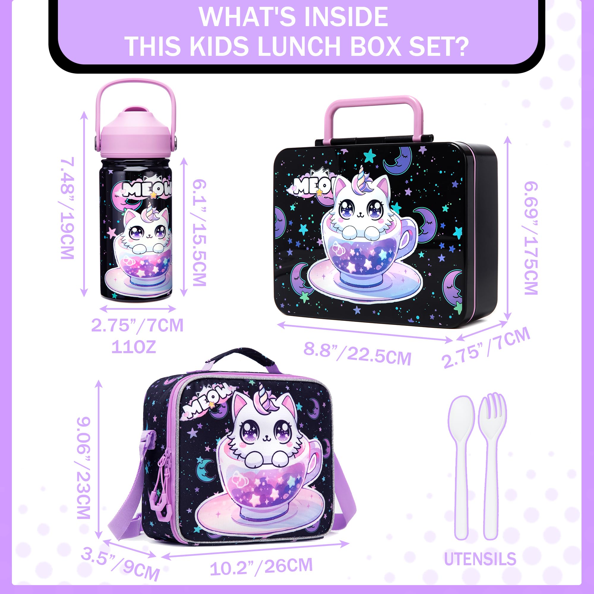 Lonchera para niñas, caja Bento para niños con bolsa de almuerzo, botella de agua de acero inoxidable, juego de bolsa de hielo, regalos de cumpleaños para edades de 3 a 12 años de vuelta a la 2