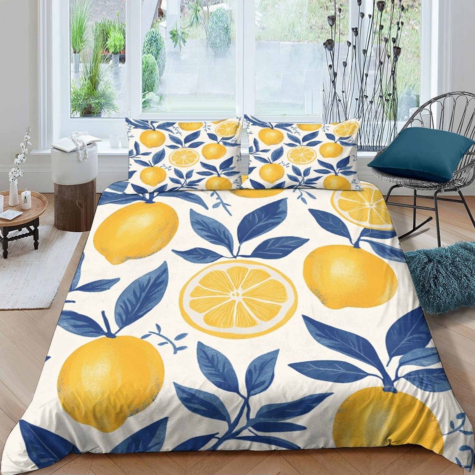 WXLWHR Lemon Duvet Cover Sets Soft Microfiber 3 Piece 3D Printed Bedding Sets Lemon Fruit Leaves Comforter Cover with Pillowcase for Kids Teens Adults Double（200x200cm）