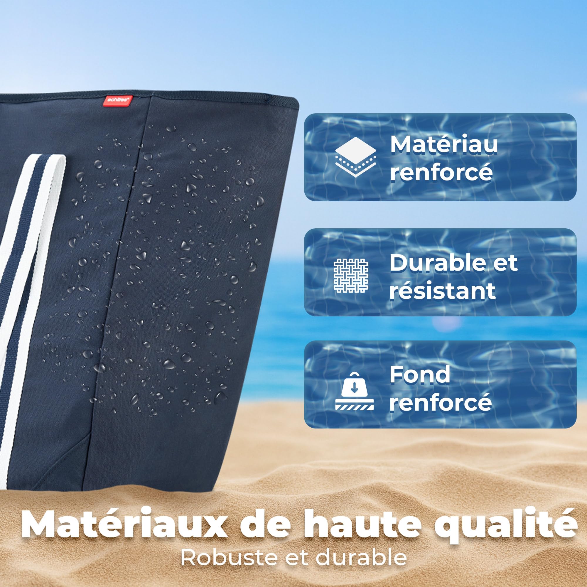 achilles Grand sac de plage XXL Famille avec fermeture éclair - Sac de bain XXL Famille 100 l - Pliable et résistant à la saleté - Piscine - Bleu - 75 x 32 x 46 cm