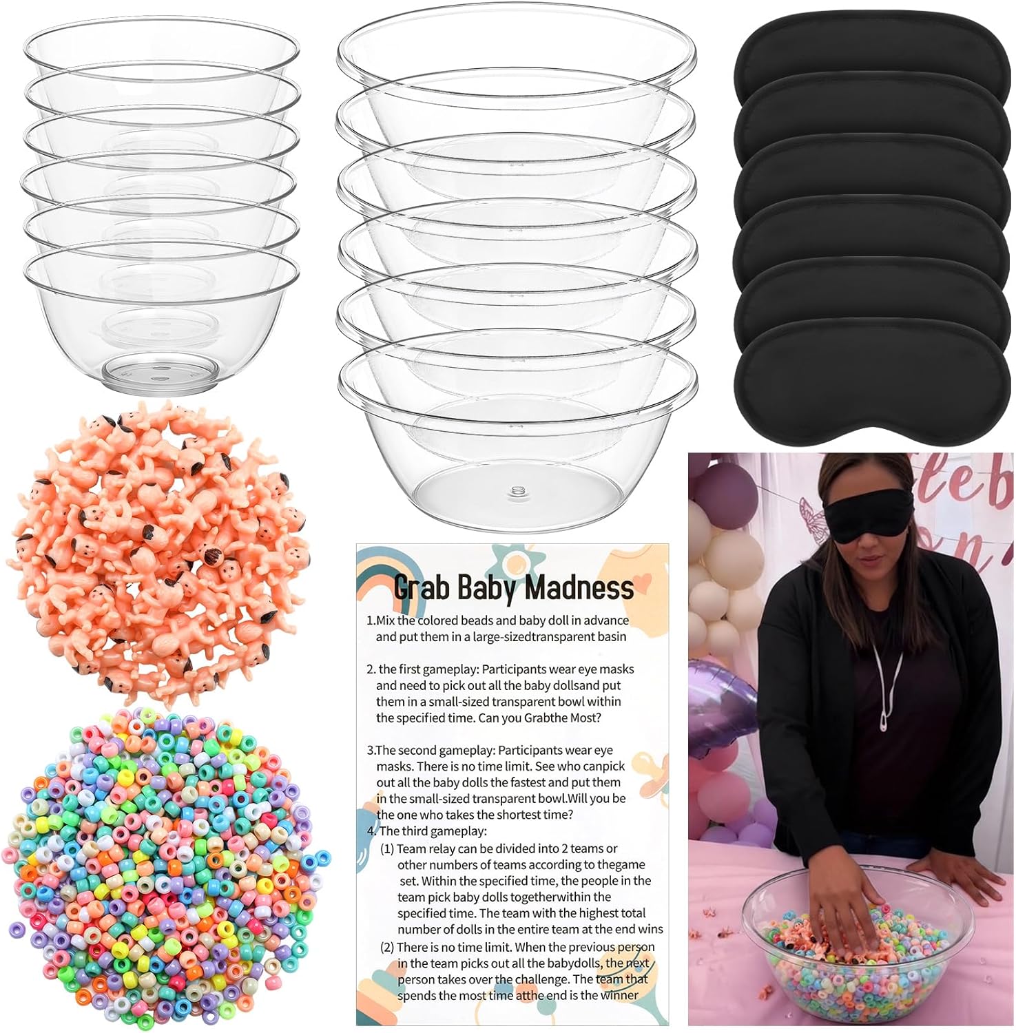 4 Sets 75 Pcs Baby Shower Games Funny Activities Include 8 Clear Basins Bowls 4 Blindfolds 60 Mini Babies 2 Color Mixed Beads and Card, Funniest Bridal Shower Game, Grab Baby Madness