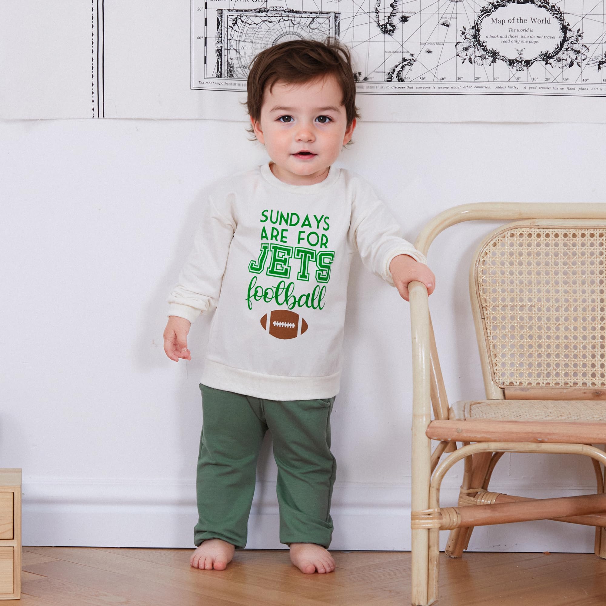 AHUGHAUE Toddler Football Fans Clothes Jets Football Print Long Sleeve Sweatshirt Jogger Pants 2Pcs Set Fall Sport Outfit (Apricot, 0-6 Months)