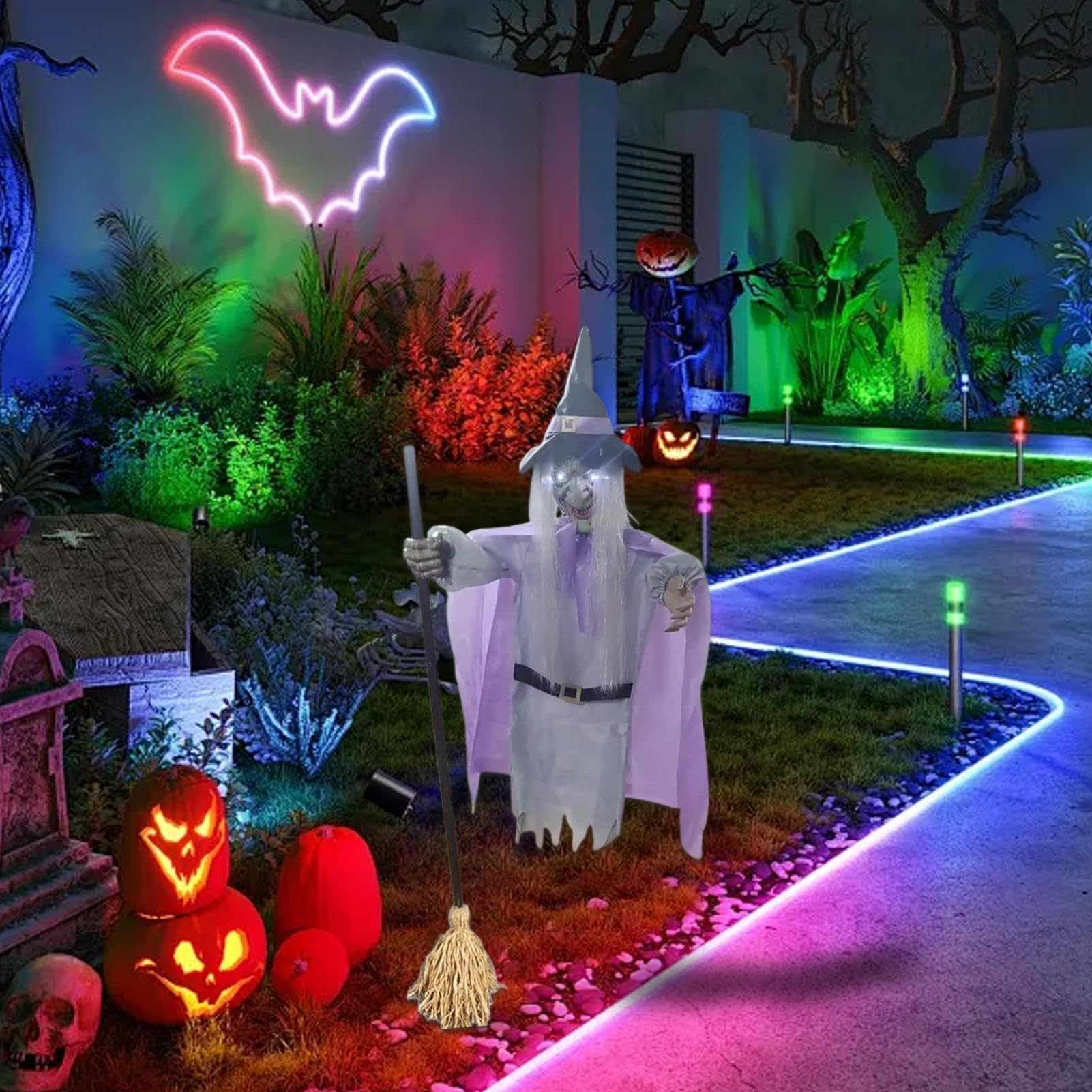 Latająca 183 cm Animowana Realistyczna Ozdoba Halloween | Rekwizyt Latającej Czarownicy Naturalnej Wielkości dla Nawiedzonego Domu, Imprez, Świąt, Podwórka, Ogrodu,