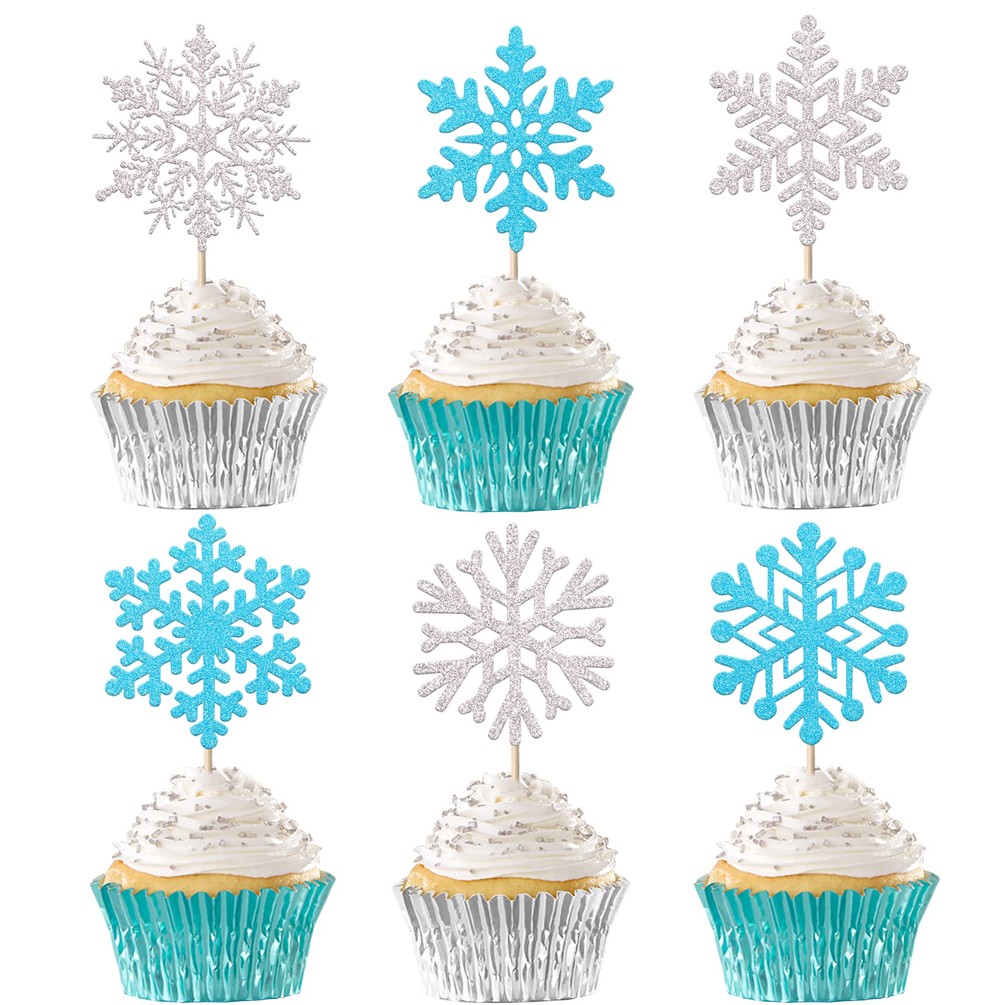 24 Pack Glitter Snowflake Cupcake Toppers and Picks - Winter Frozen Cake Decorations for Christmas, Baby Shower, Kids Birthday Party Supplies - Light Blue/Silver