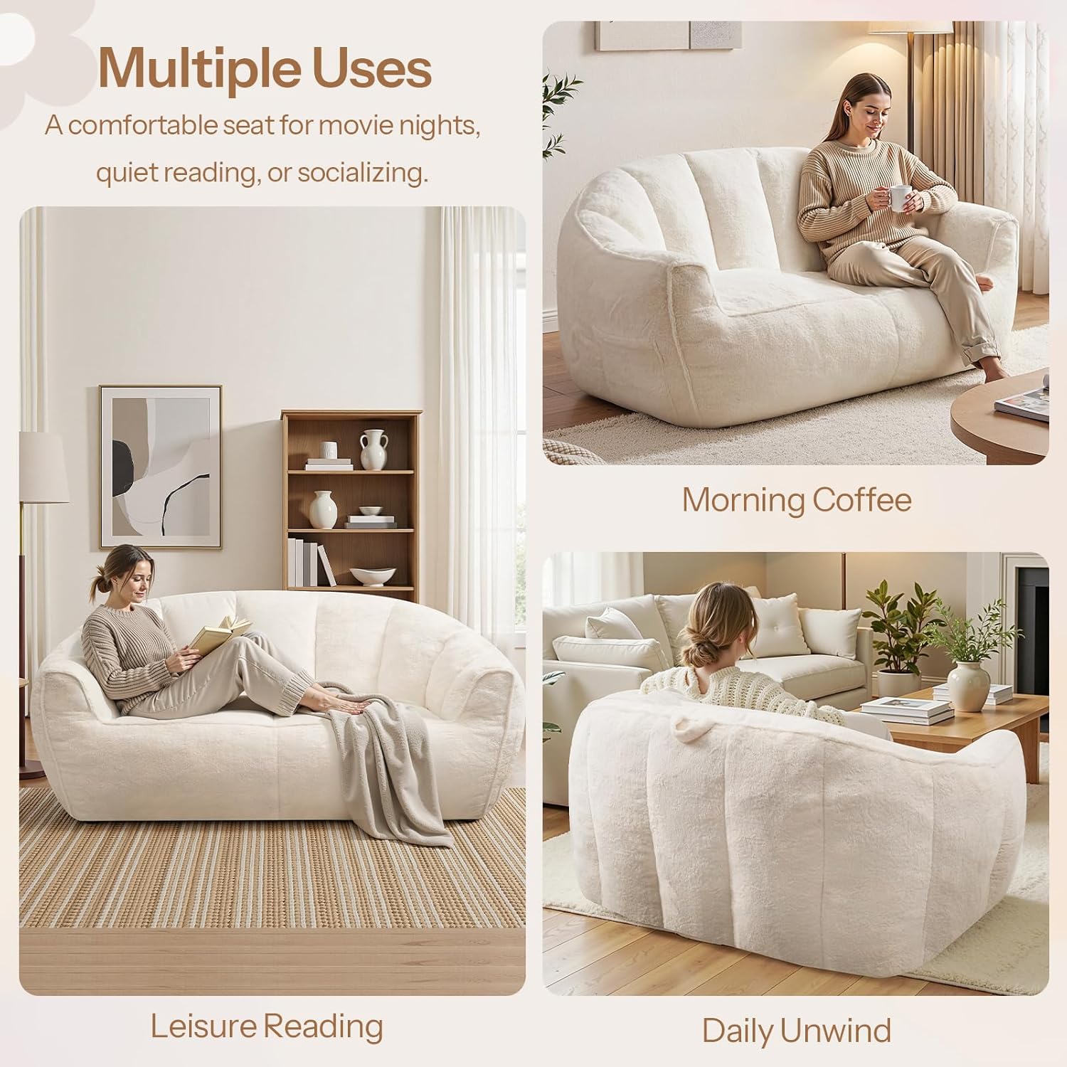 HOOBRO Bean Bag Chair, Oversized Loveseat Bean Bag Sofa for Adults, Comfy Faux Fur Reading Chair with Memory Foam Filling, Stuffed Love Seat Large Lounge Floor Sofa for Bedroom, Corner, White WT02SO01
