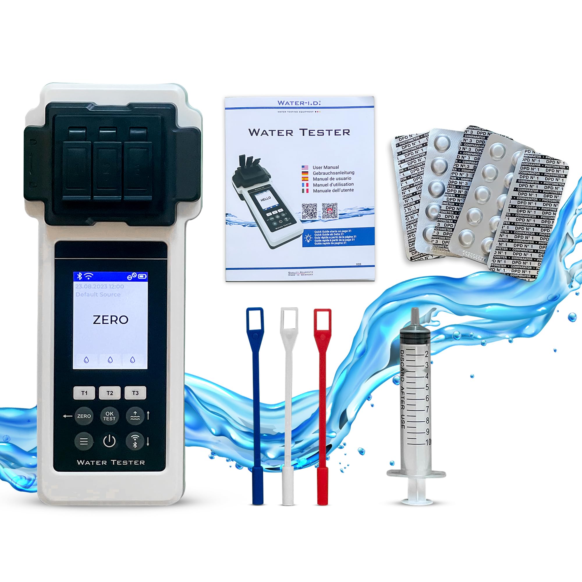 Pool LAB 2.0 Set especial: 27en1 funciona con reactivos líquidos y sólidos,probador de agua electrónico con 70pastillas de prueba incluidas, probador eléctrico de piscina,medidor de fotómetro