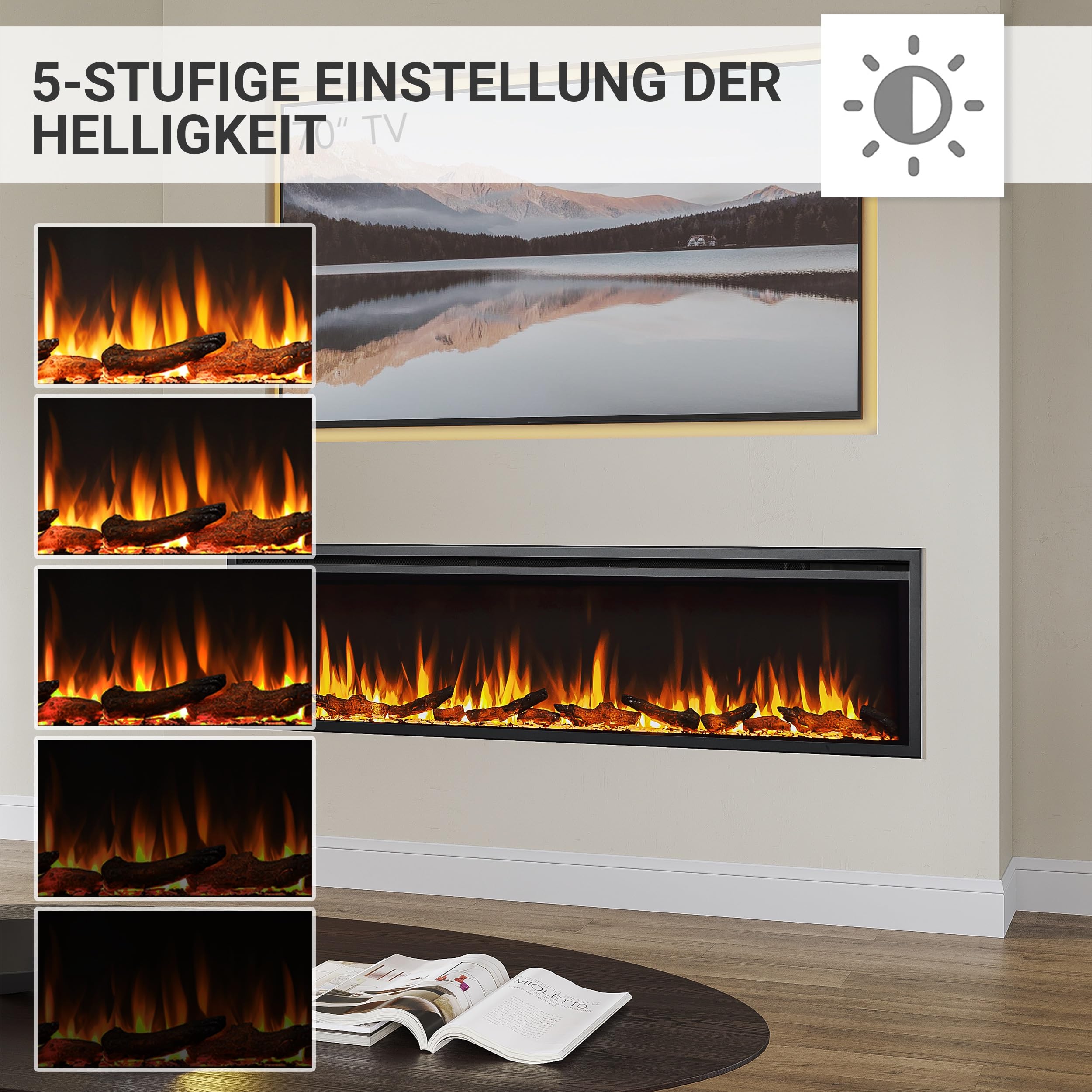 BALDERIA Atalanta 72 Einbau Kamin, App Steuerung | Elektrischer Einbaukamin, Heizung 1000/2000 W, 3D-Flammeneffekt, Knisterfunktion, Fernbedienung, Timer, Thermostat