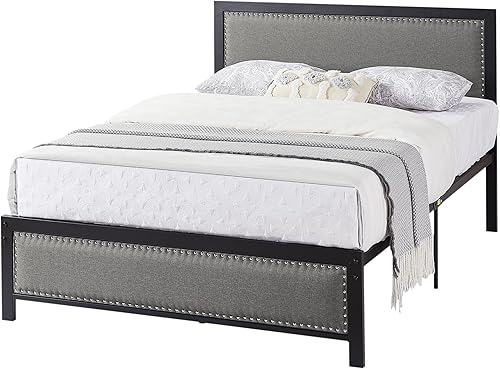 Miniatura 16 de VECELO Base de cama tamaño matrimonial con cabecera tapizada, plataforma resistente con listones de metal fuertes, no necesita somier, fácil Lino y