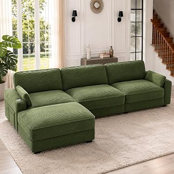 Vipbear 120" Modular Sectional L Shaped Sofa Couches for Living Room,3 Seat with 1 Movable Ottoman,Comfy Corduroy Sofa with USB Port,Side Pocket,Pillow,Green