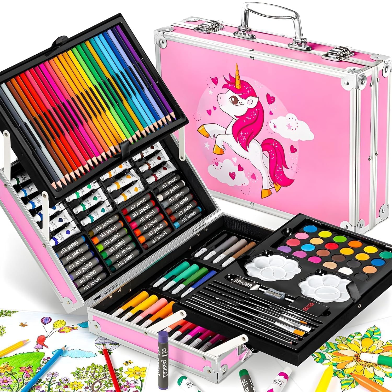 IDENSIC 145 Pieces Art Drawing Set for Kids Case, Art and Craft Supplies Drawing and Painting Set Colour Set Great Gift for Teens Adults Beginner&Artists (Unicorn Design-Pink)