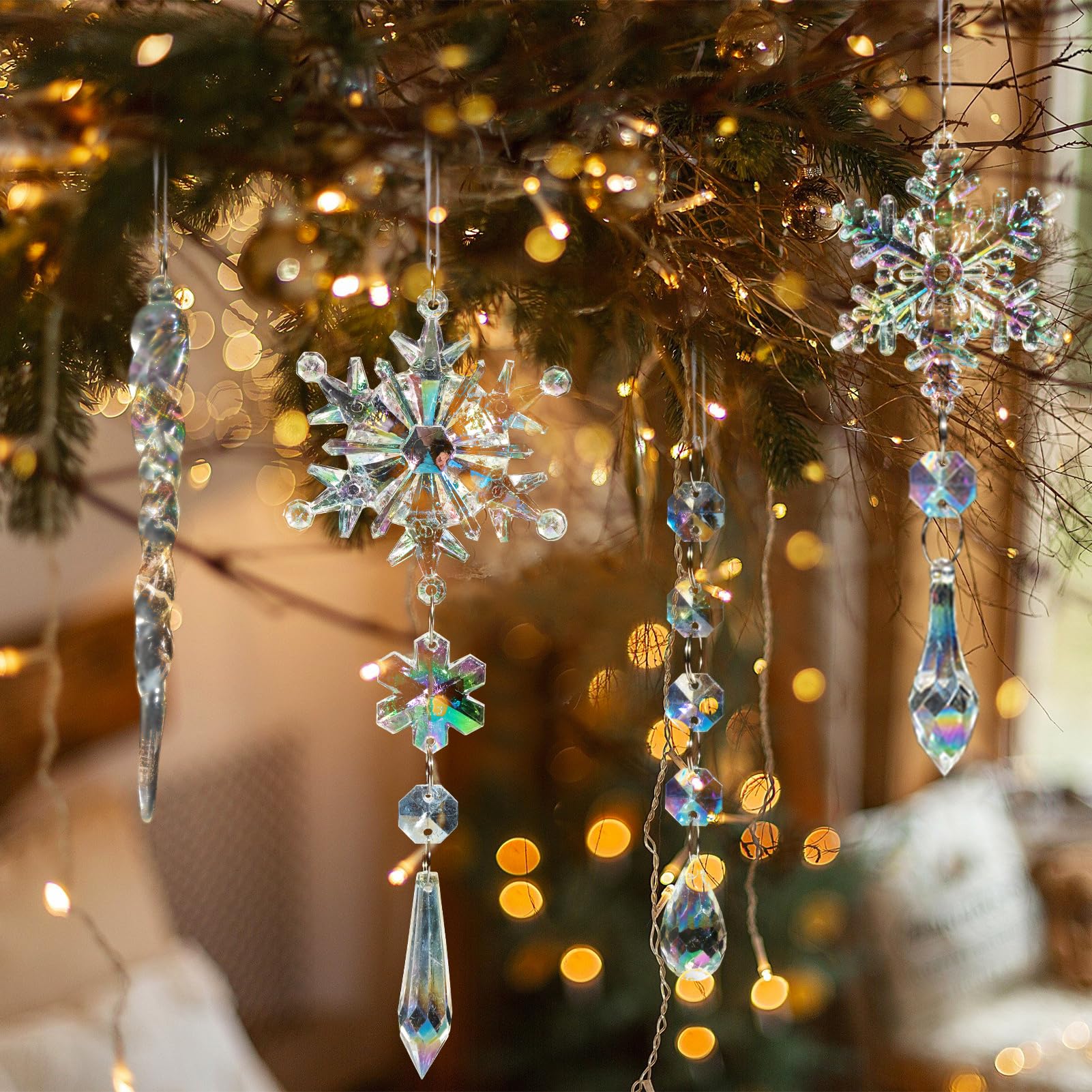 GuassLee Lot de 36 décorations de sapin de Noël en cristal – Flocon de neige irisé en acrylique en forme de goutte de glace à suspendre pour sapin de Noël, décoration de fête d'anniversaire sur le
