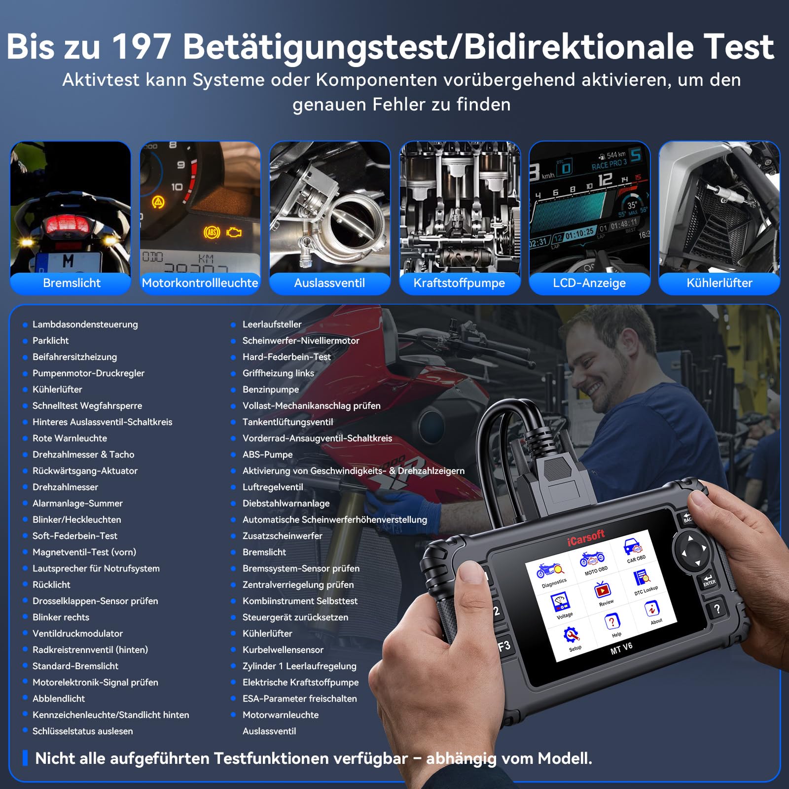 iCarsoft Motorrad OBD2 Diagnosegerät Bidirektional Passend für BMW mit ABS Bleeding, Throttle, Alle Systeme Motorrad-Diagnosetool, Multisystem-Diagnosecodeleser, mit Hot Reset Funktionen, Datenstrom