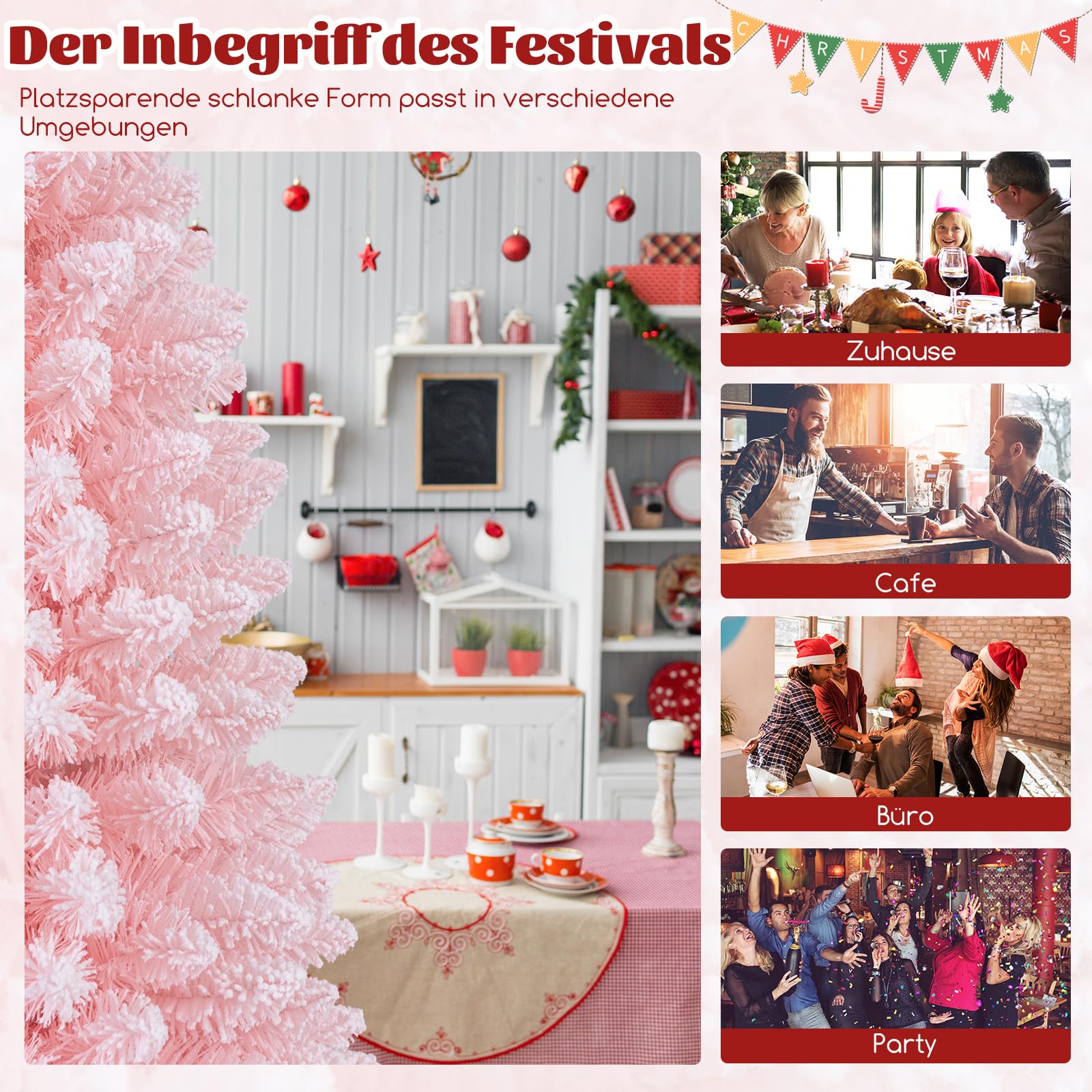 COSTWAY künstlicher Weihnachtsbaum Bleistift, 180 cm Tannenbaum mit Schnee, Christbaum mit 460 Zweigspitzen & klappbarem Metallständer, schlanker Kunstbaum Weihnachten für Zuhause, Büro (Rosa)