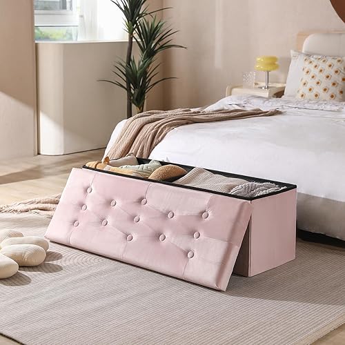 Miniatura 40 de PRANDOM Otomana con almacenamiento [1 unidad] Taburete cuadrado pequeño de terciopelo plegable con tapa para sala de estar, dormitorio, mesa de