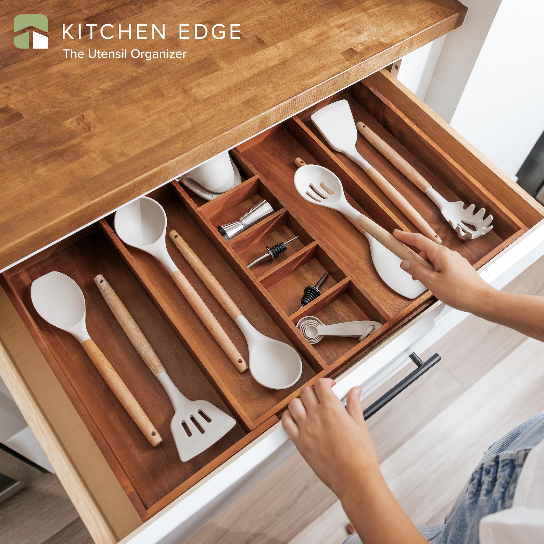 KitchenEdge Regulowany organizer do szuflad kuchennych na przybory i odpady, wysuwany od 40 do 71 cm szerokości, 9 przegródek, bezpieczny dla żywności, 100% akacji, z szeroką gamą szuflad.