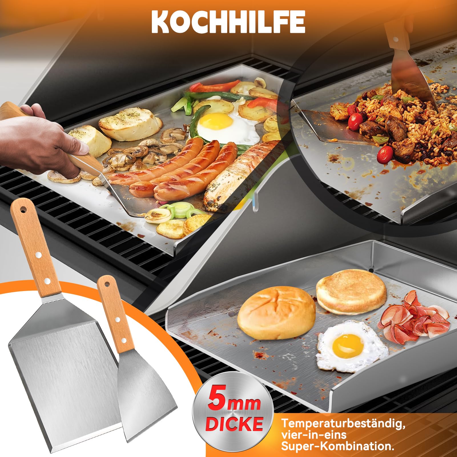 Universelle Edelstahl Plancha Grillplatte 40.5×31CM mit 5MM verdickt | mit Fettablauf, Spülmaschinenfest inkl. für BBQ Gasgrill & Kohlegrill Geeignet