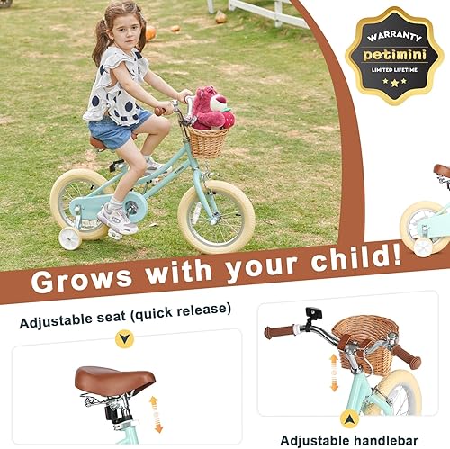 Miniatura 4 de Petimini Bicicleta para niñas con cesta para niños de 2 a 12 años, bicicleta de 12, 14, 16, 18 y 20 pulgadas, con ruedas de entrenamiento de