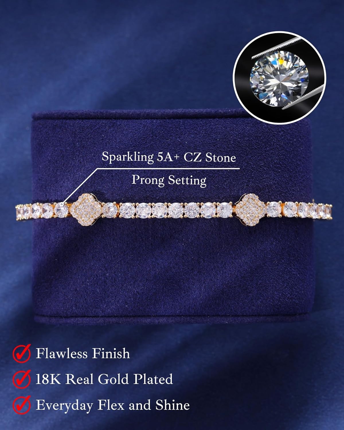 LuxeFlex 4mm Iced Out Four Leaf Tennis Bracelet, White Gold Plated with 5A Zircon Stones, Handmade exquisite Hip Hop Jewelry, Perfect Unisex Gift - Image 2