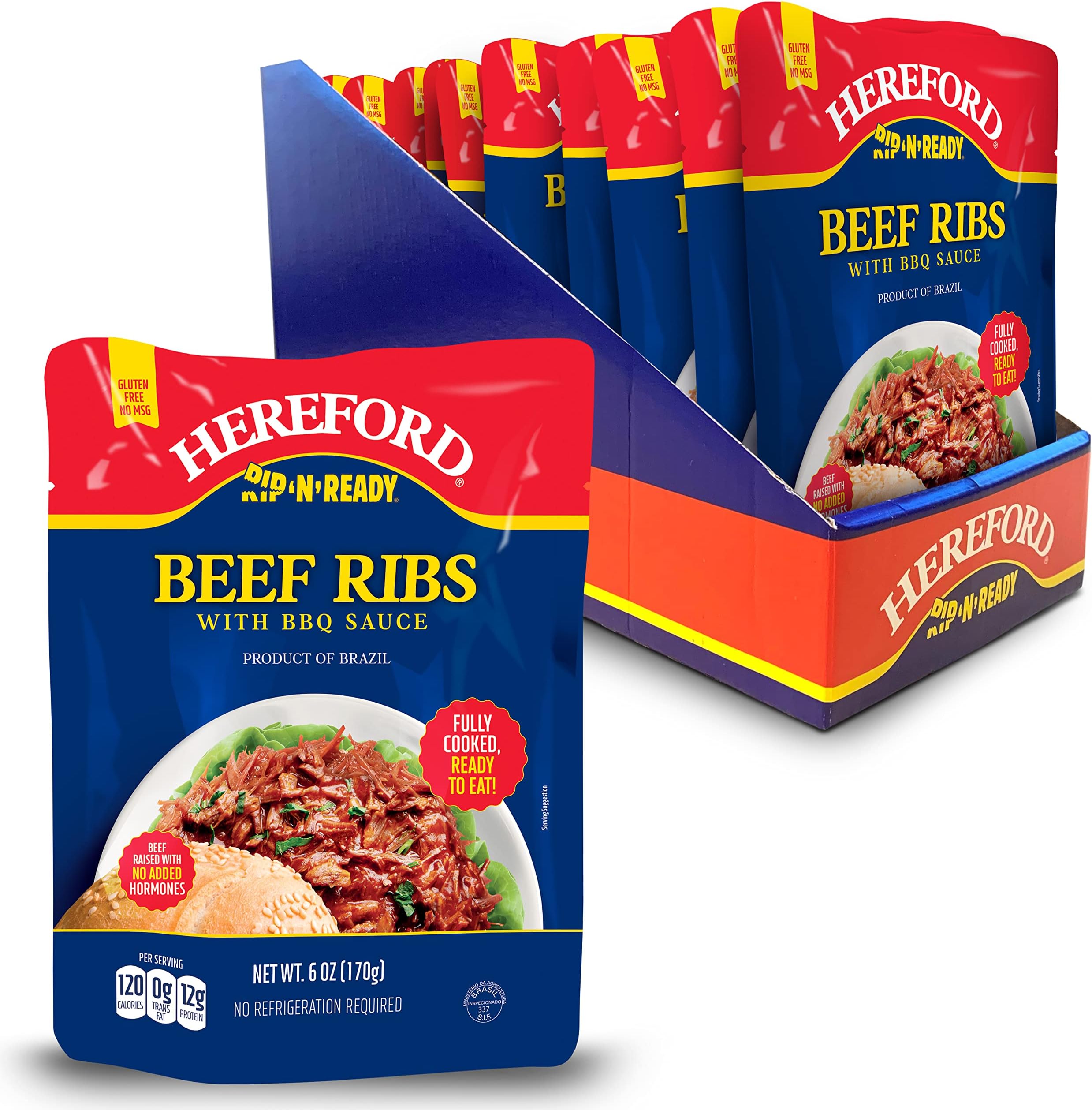 - Hereford Beef Ribs with BBQ Sauce | Shelf Stable | Fully Cooked | Ready-to-Eat | Beef Raised with No Added Hormones | 12g of Protein per Serving | 6oz per Pouch (Case of 12)