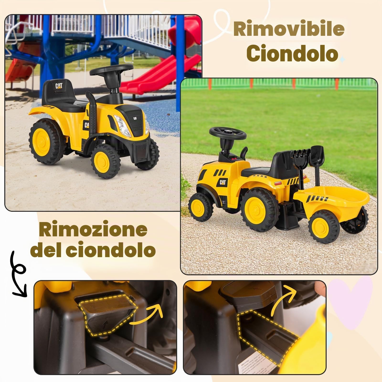 FANTASK Trattore antiscivolo con pala e calcolo rimovibile, auto antiscivolo con rimorchio del clacson, veicolo con suono motore e luci a LED per bambini a partire da 1 anno