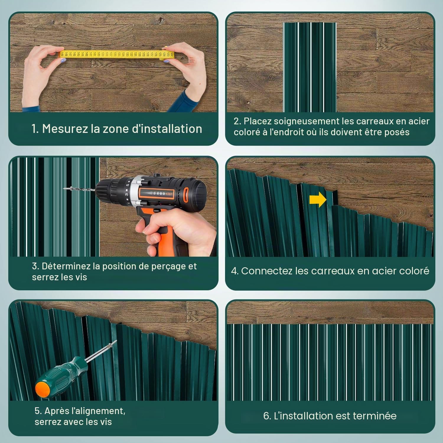 Lot de 48 plaques trapézoïdales en tôle ondulée pour toit 0,25 mm, 0,25 mm, 0,25 mm, 0,25 mm - En acier galvanisé pour abri à outils, abri de voiture et serre - Vert - Avec gants de protection