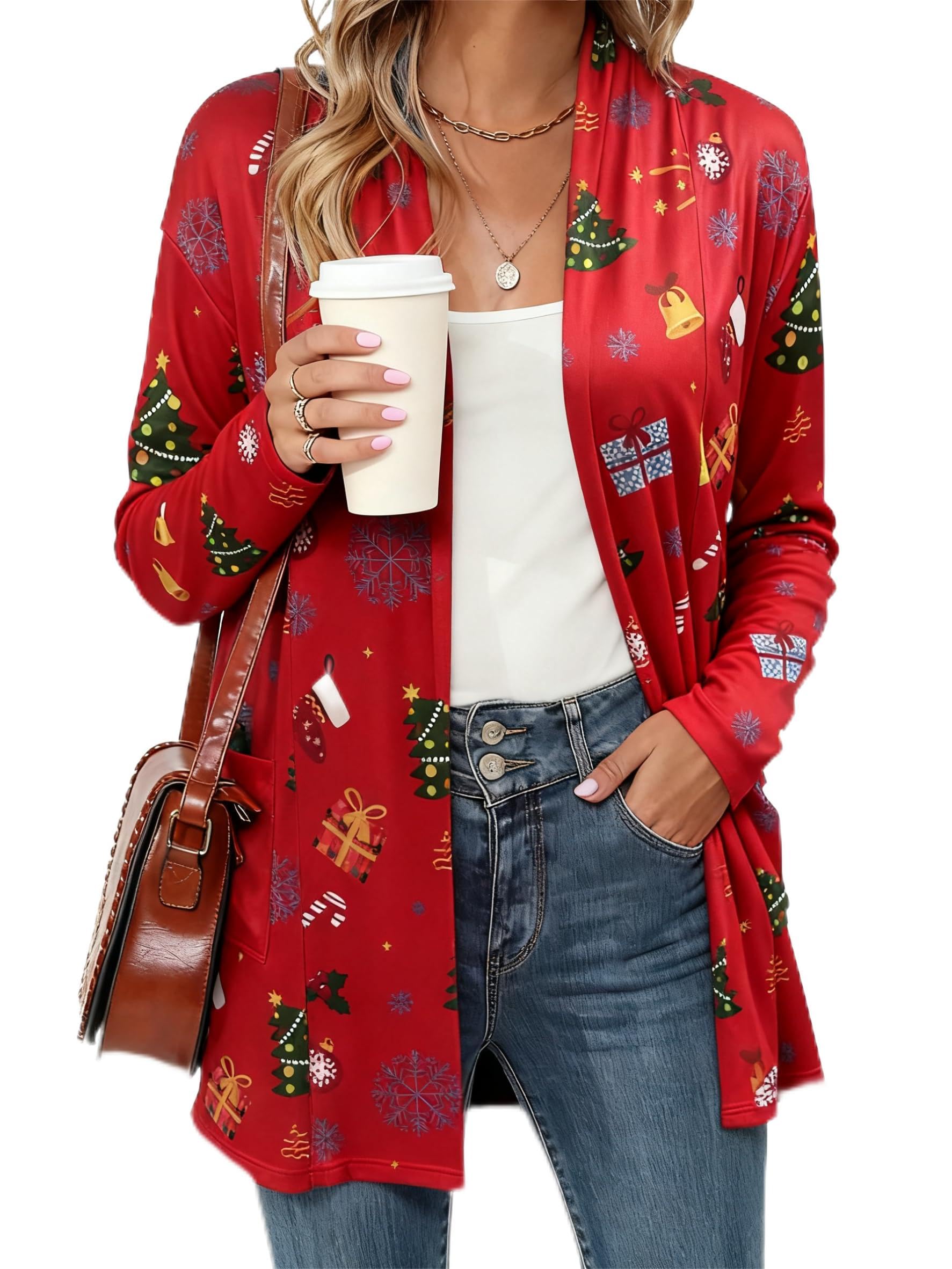 Ugly Christmas Lightweight Cardigan Sweaters for Women Xmas Print Cute Loose Fit Coat with Pockets