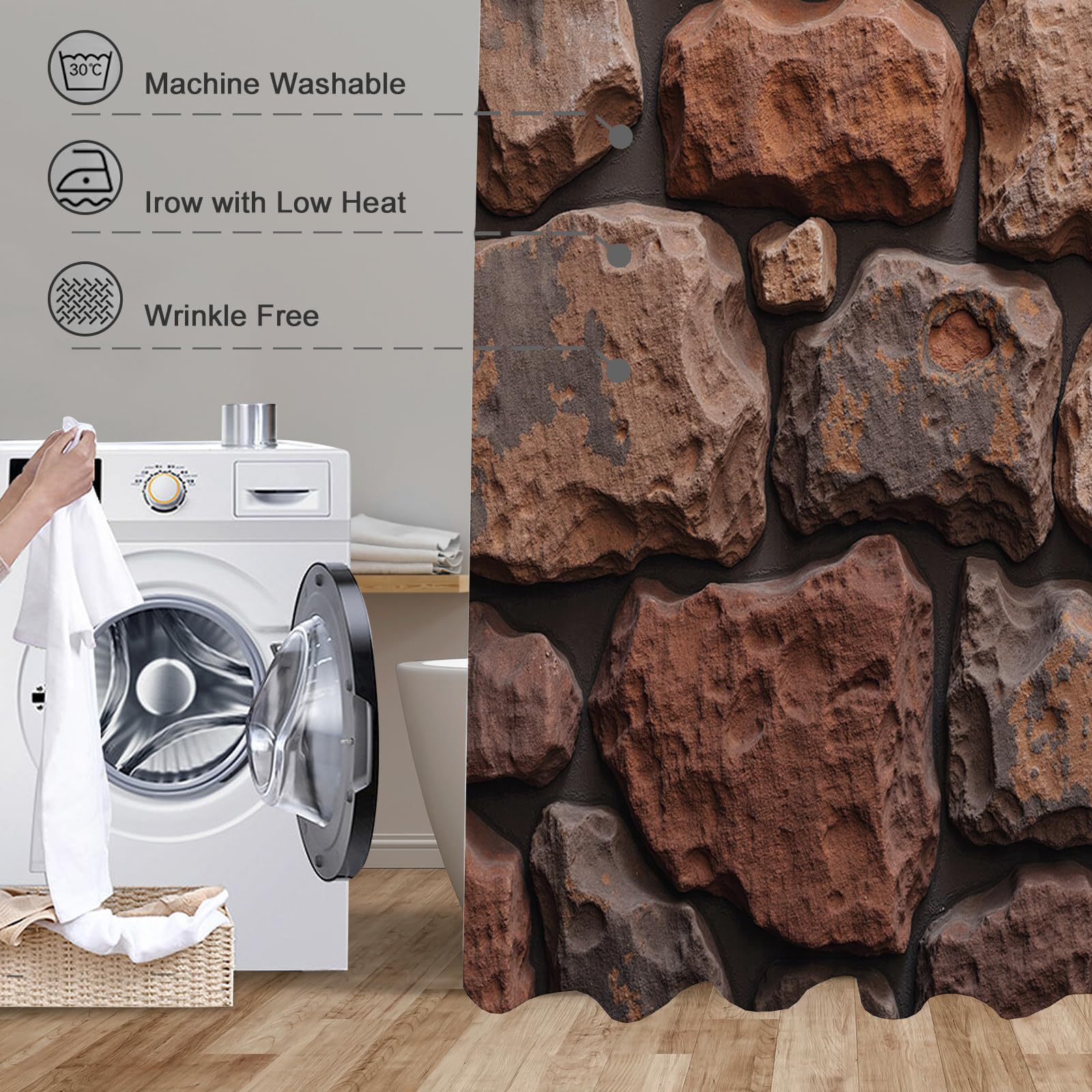 Rideau Douche, Rideau Baignoire Lavable en Machine Rideaux Douche Tissus Lavable Rideau De Baignoire Lavable pour Salle De Bain Domicile Baignoire Famille, Texture De Mur en Pierre,
