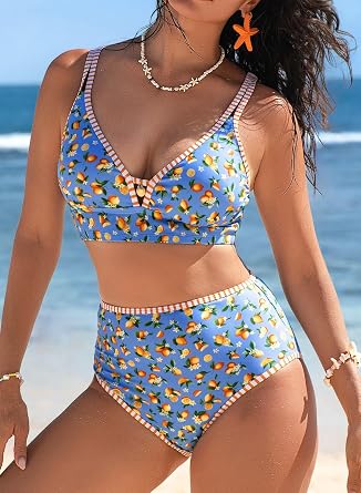Herseas Womens High Waisted Bikini Set Floral Print V Neck Stitch Swimsuits