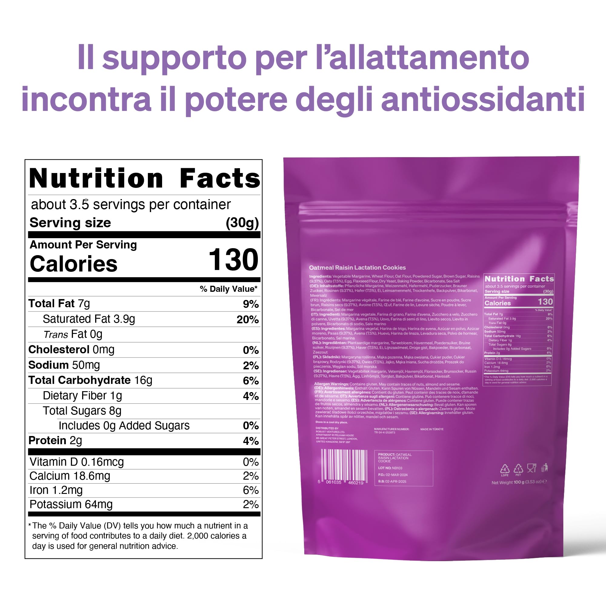 Biscotti per L'allattamento al Seno Love Noobs, Biscotti per L'allattamento, Snack salutare, 6 x 100 gr, Farina D'avena e Uvetta
