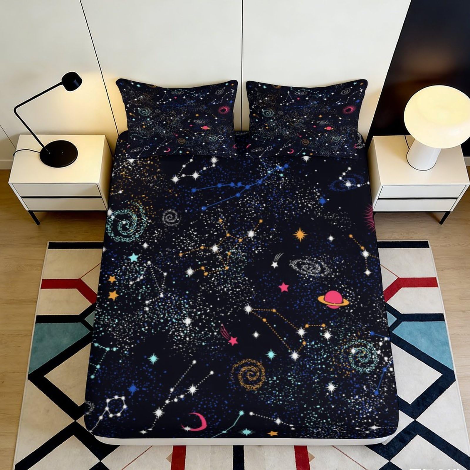 3D Printed Galaxy Starry Sky Fitted Sheet Microfiber Mattress Cover Cosmic Nebula Anti-Slip Machine Washable for Bedroom Dorm 120x200x25cm