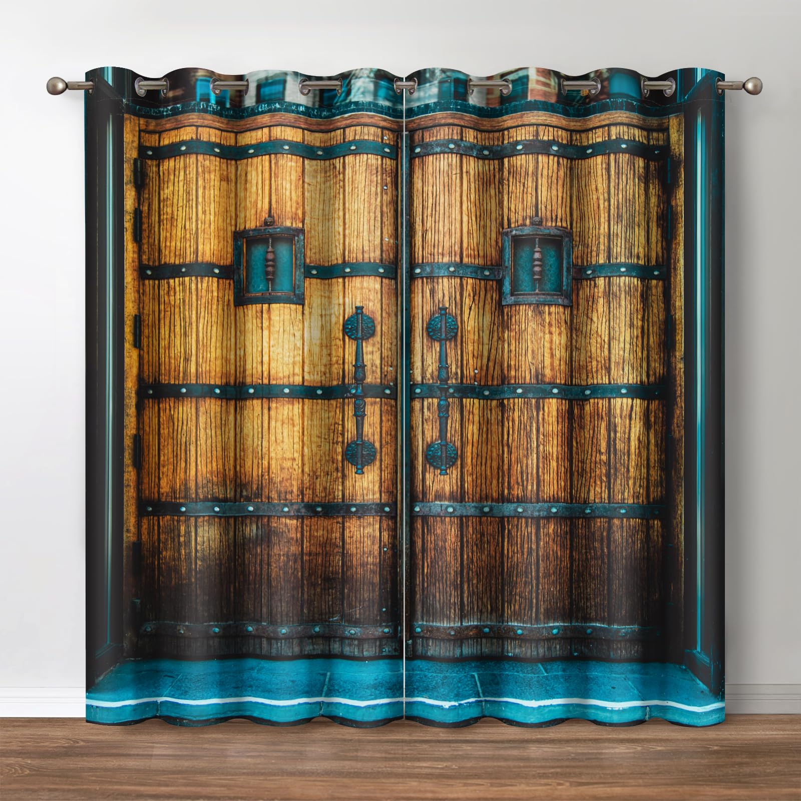 Jekeno Vintage Ancient Door Blackout Curtains Retro Rustic Wood Plank Forged Door Farmhouse Drapes Decor Bedroom Apartment Living Room Darkening