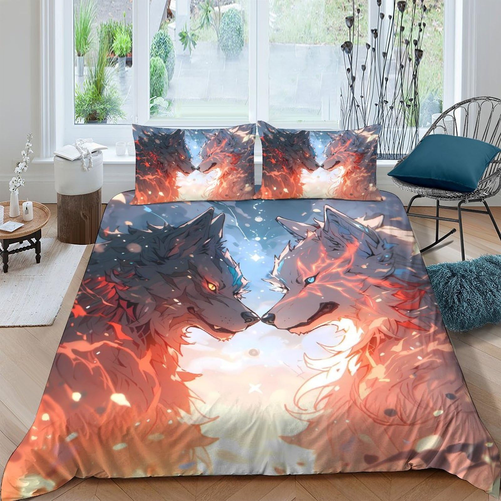 Ctjqhvkz Style-7 3D Printed Wolf Fire Fitted Sheet Microfiber Soft Bedroom Decor Watercolor Animal Mattress Cover For Home Dorm Room Single（135X200cm）