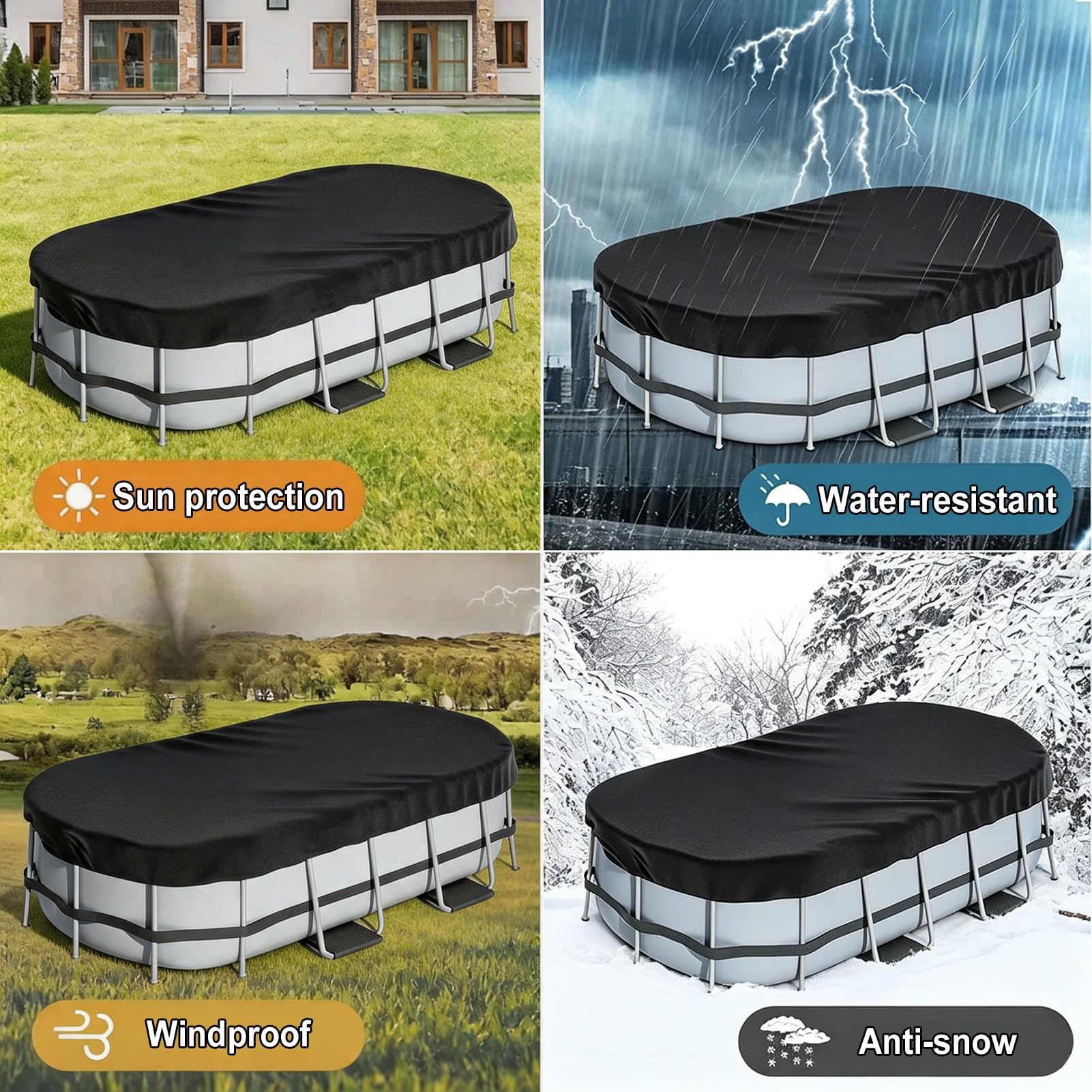Cubierta Ovalada para Piscinas sobre el Suelo,420D Oxford,Protector Solar Resistente contra el Polvo con Accesorios Lona Piscina para Marco de Metal Ovalado y Piscinas Inflables