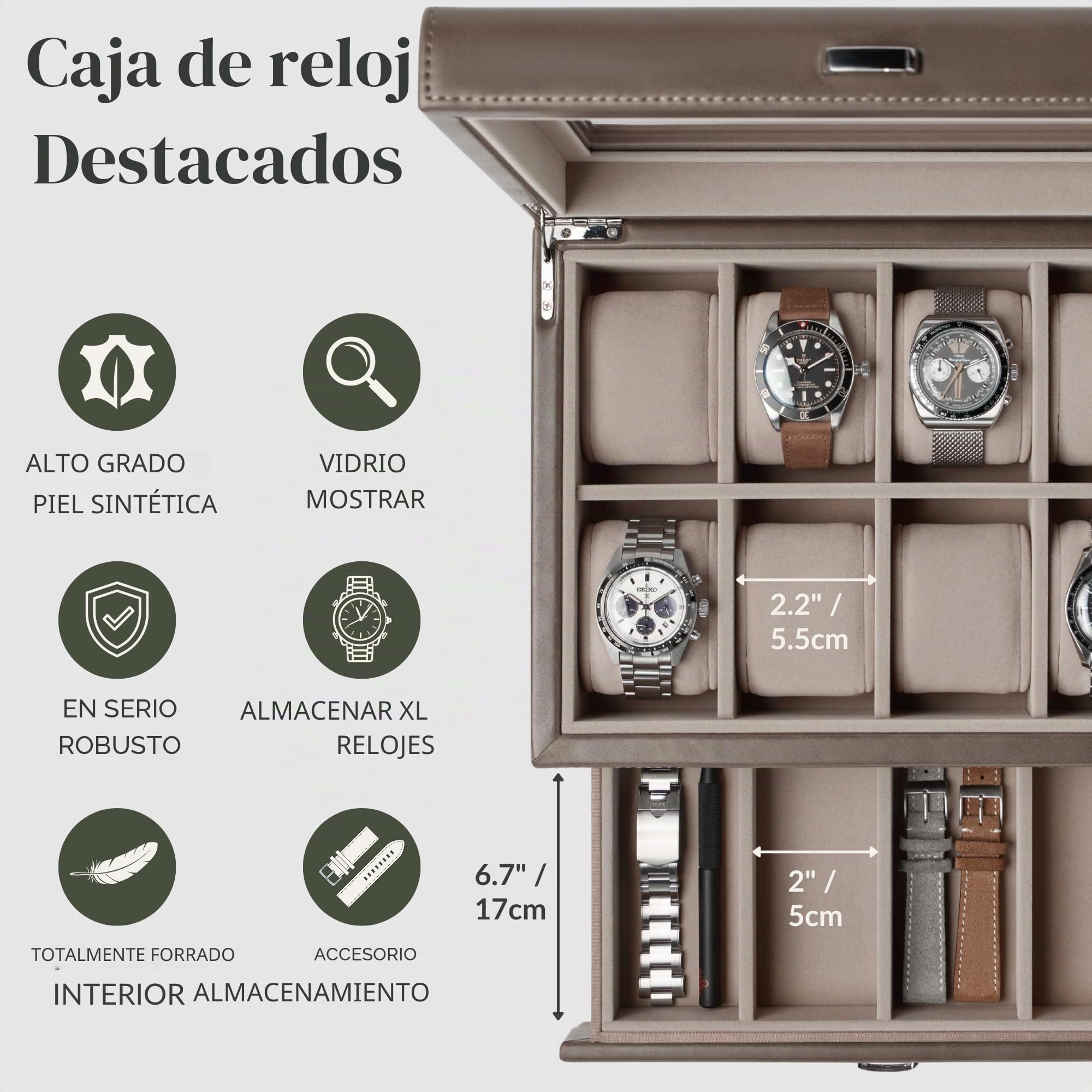 TAWBURY Caja de reloj de 8 ranuras, unisex, con cajón de almacenamiento, pantalla de cristal real y almohadas extra anchas para relojes grandes (gris pardo)
