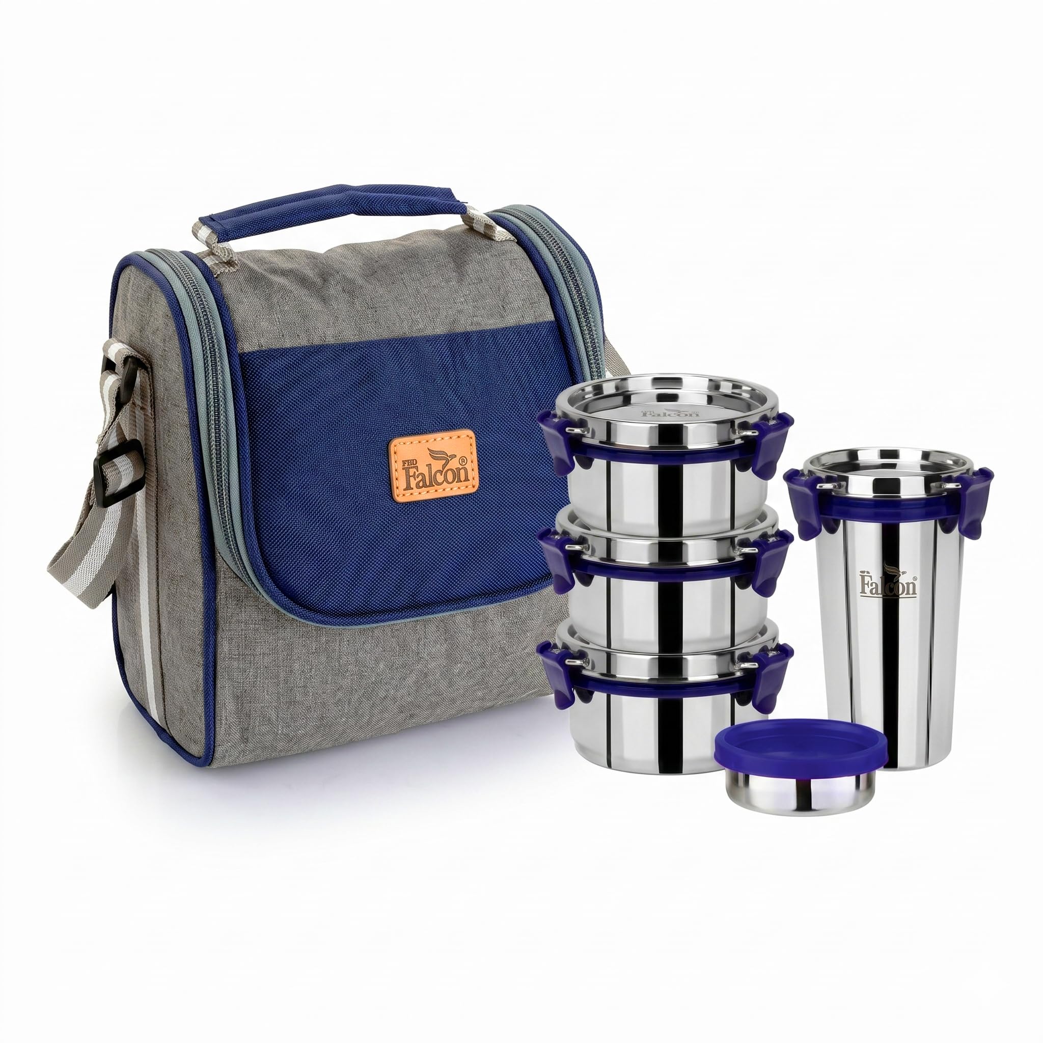 PDDFALCON Stainless Steel EcoNxt Executive Lunch Box Set of 4 containers with Insulated Bag, BIS Certified, Food Grade, BPA Free, Jindal Seal & Made in India. (Navy Blue - 1430ml)