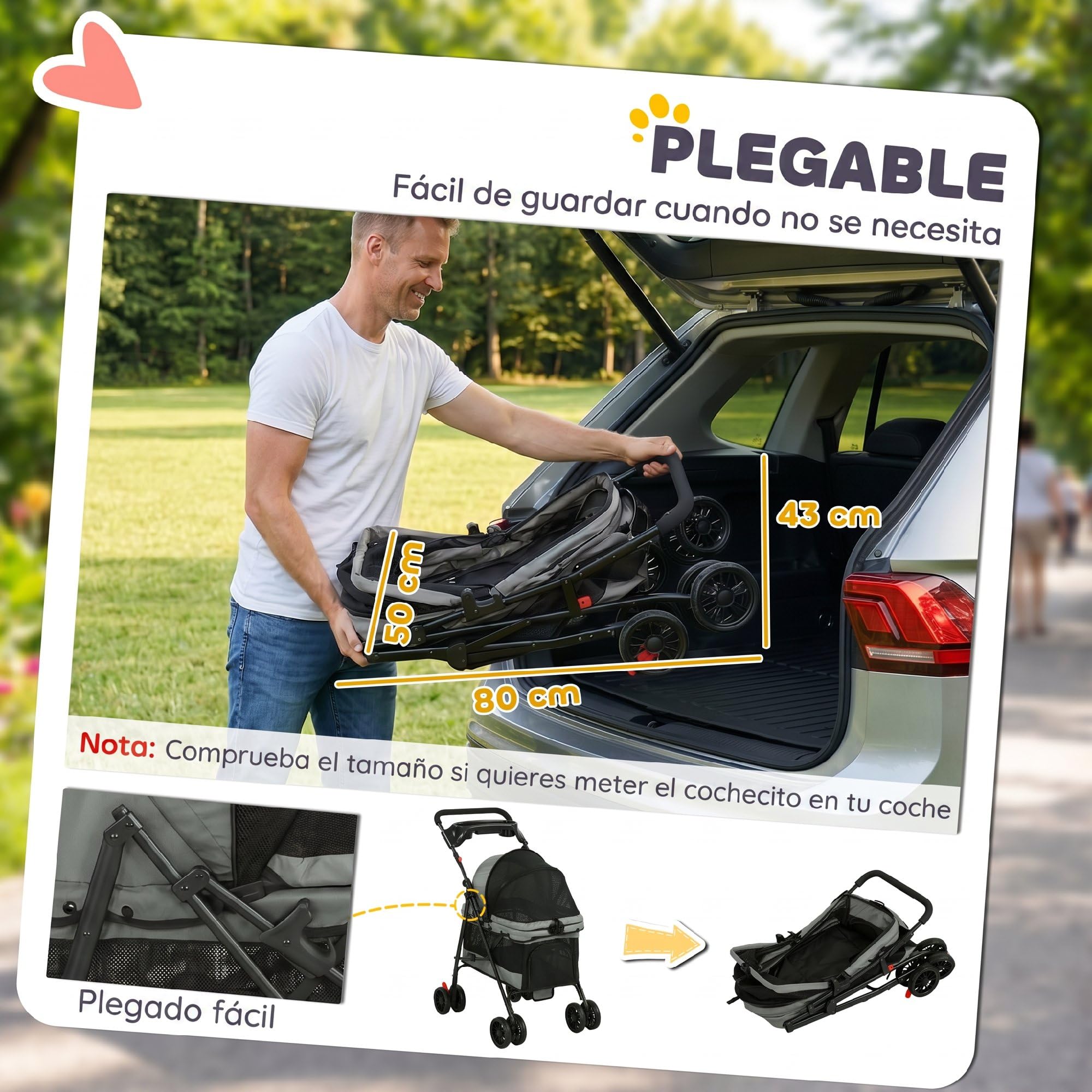 PawHut Cochecito para Perros Plegable 4 Ruedas de EVA 10 kg Ligero Gris | Carrito para Perros Pequeños y Gatos, Giratorio y Freno, Ventanas de Malla, Cojín Extraíble, Bandeja y Portavasos