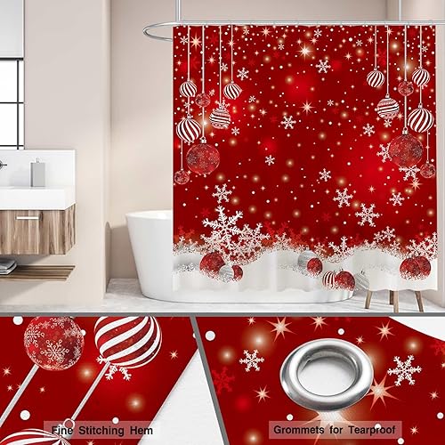 Miniatura 4 de Funnytree 72"x72" Cortina de ducha roja con copos de nieve de Navidad, brillantes, chispeantes, con efecto bokeh para decoración de baño, lavable a
