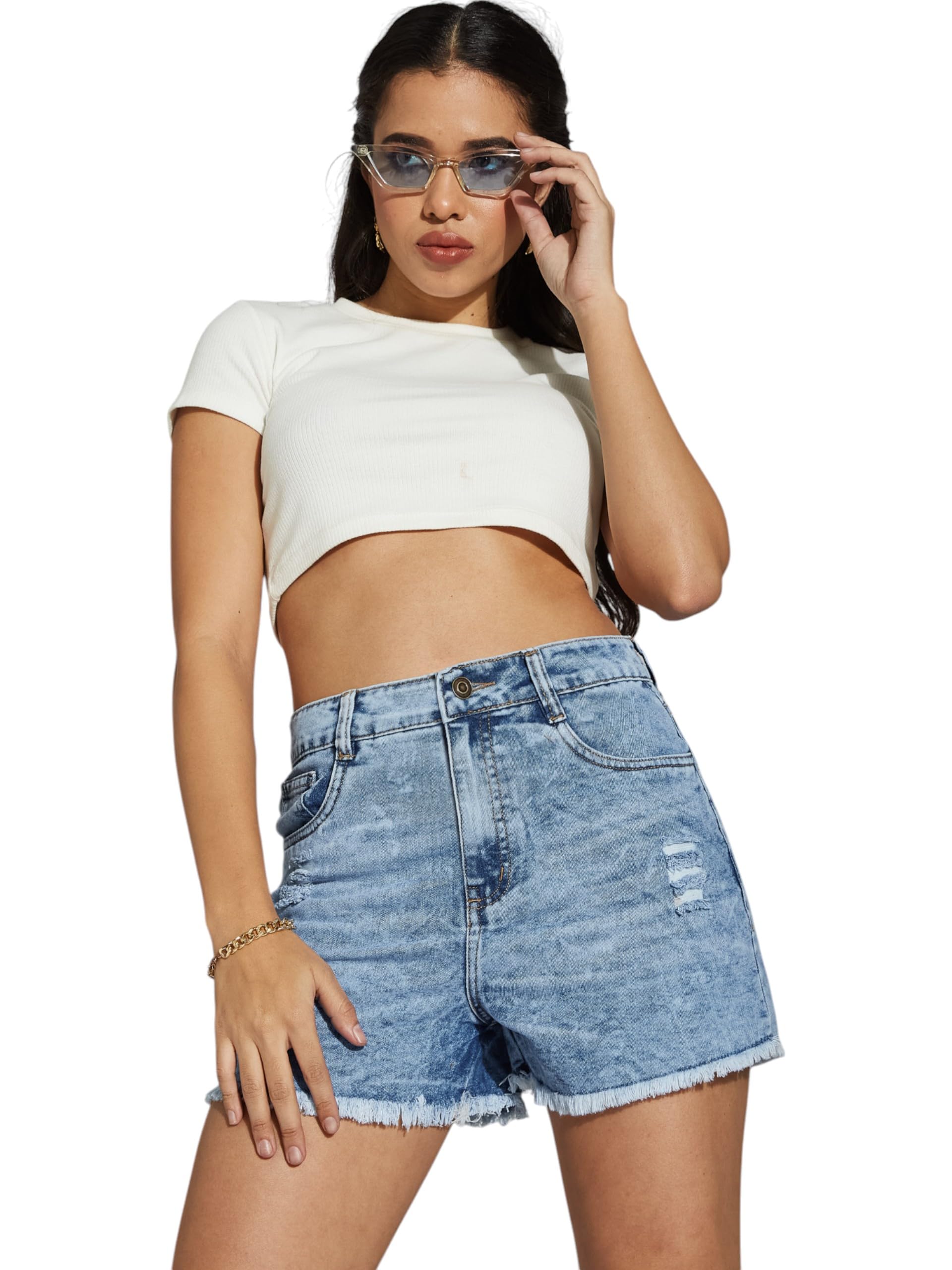 miss chase Women's Relaxed Fit Mid Rise Highly Distressed Regular Denim Shorts-picture-26