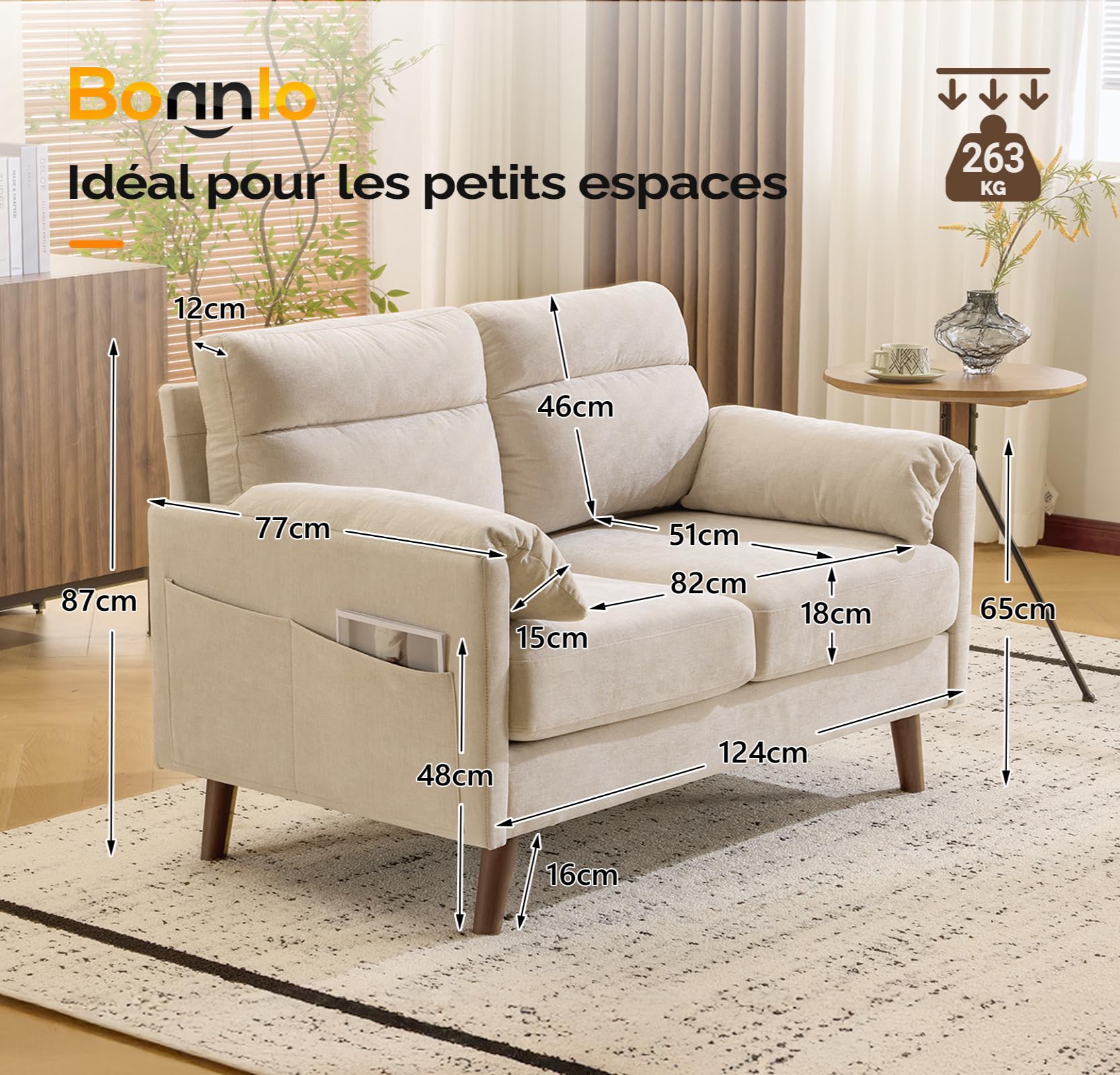 Bonnlo Divano con bracciolo per orecchie di elefante, poltrona a 2 posti, divano imbottito in lino, mobile con tasca laterale, per soggiorno, ufficio, camera da letto, 125 x 78 x 86 cm, beige