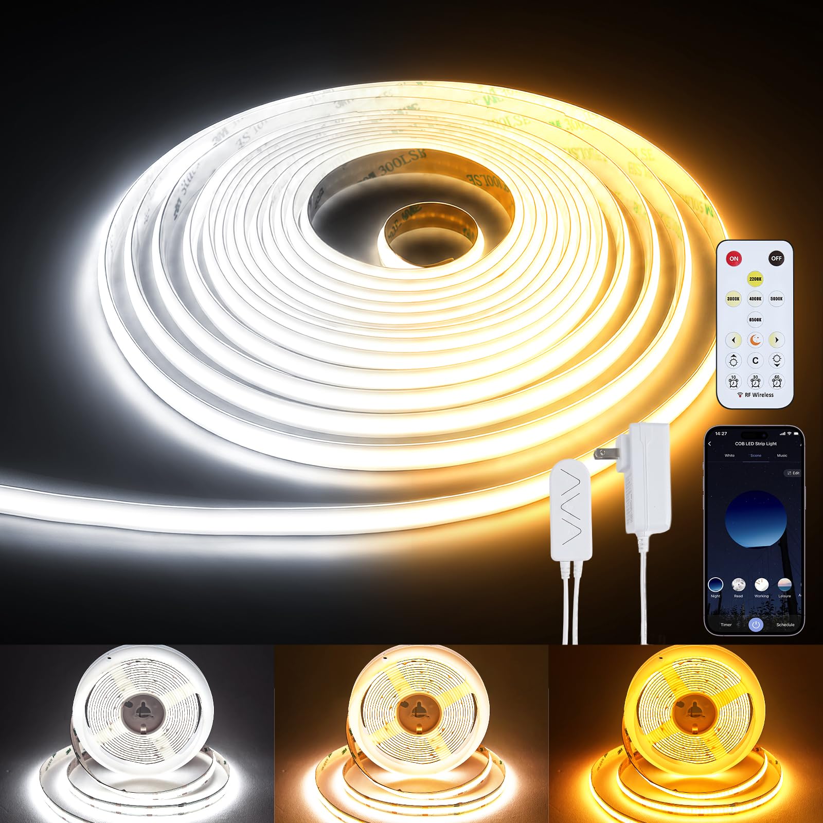 COB - Tira de luces LED inteligente para recámara (16.4 pies)