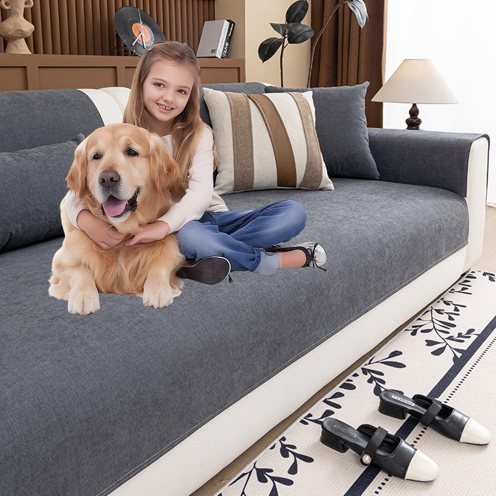 Copridivano Impermeabile per divani a 2, 3, 4 e 5 posti, Stile retrò, AntiGraffio, Protezione per Cani/Gatti, copridivano Antiscivolo in ciniglia (Grigio Scuro, 70x240 cm)