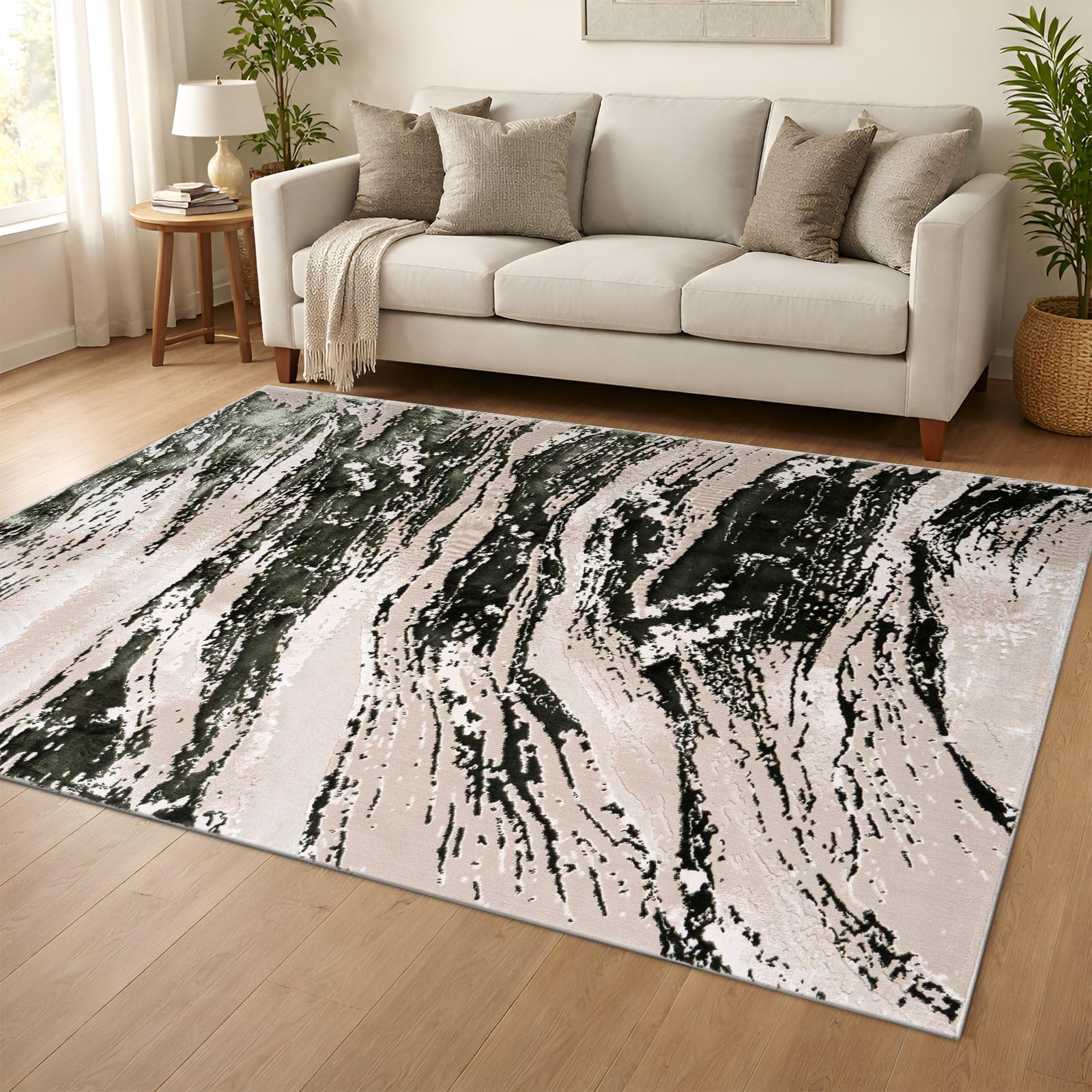 cozily® Jute Back Big Rugs For Living Room - Jeze Abstract Green Rug - 160 x 230 cm - Washable Sitting Room Rugs For Bedroom, Fireside and Lounge — image 1