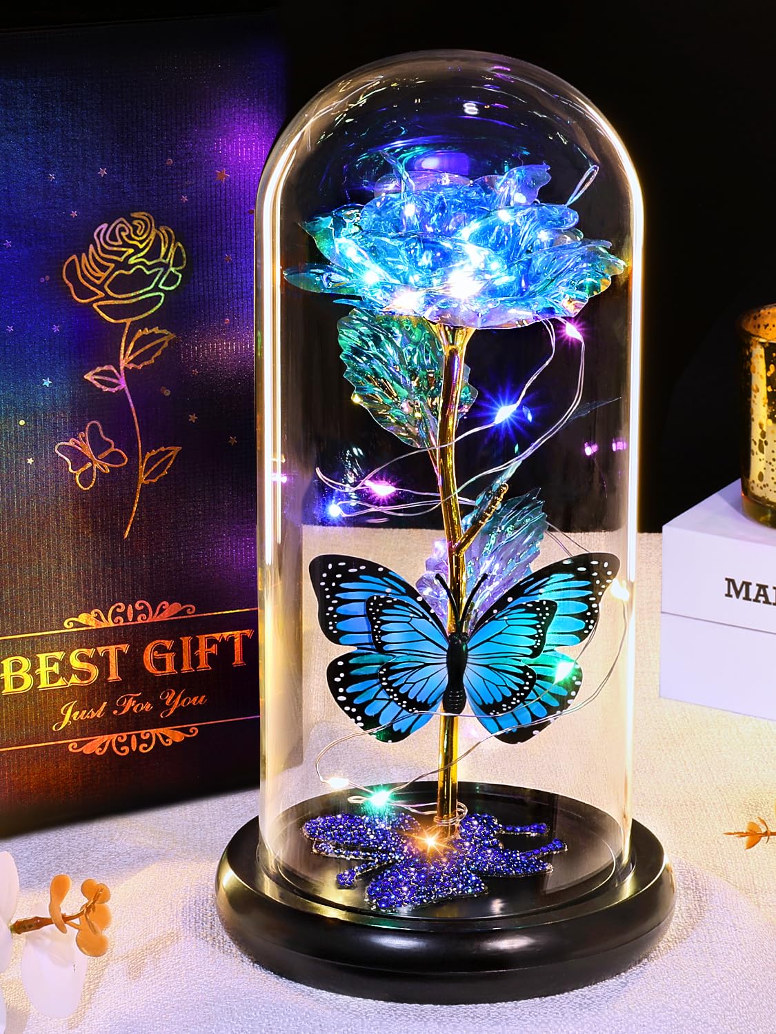 Mothers Day Galaxy Rose Gifts for Mum, Mother's Day Colorful Rose Gifts, Mothers Day Birthday presents Light Up Rose in Glass Dome for Mum Wife Daughter Sparkling Rhinestone Butterfly for Mothersday