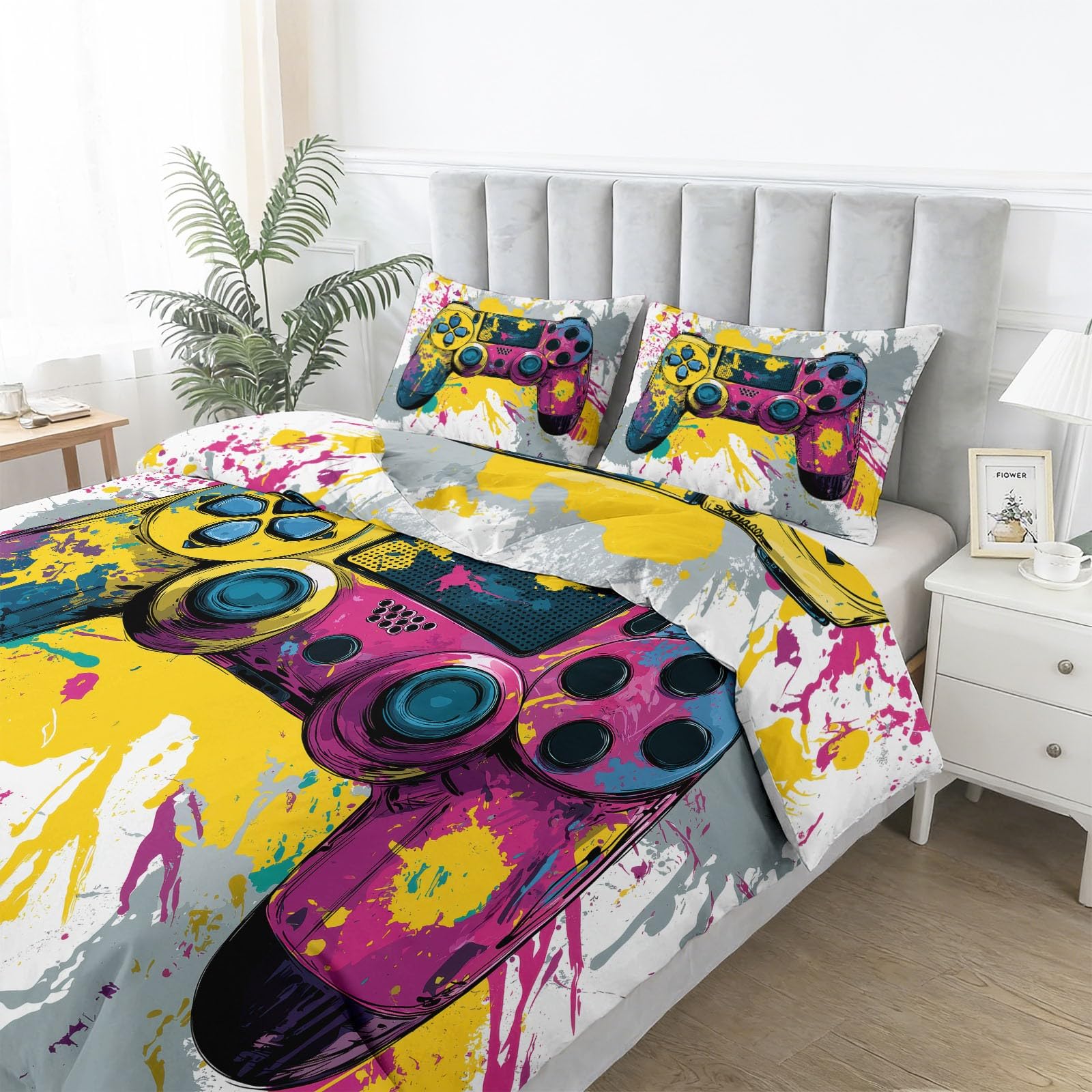 Controller Per Videogiochi Arte Cartoni Animati Set Copripiumino Matrimoniale 180x220cm,con 2 federe,Parure Copripiumino Microfibra con Stampa Digitale,Colorato Biancheria da Letto Decorativo