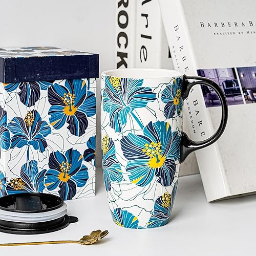 Topadorn Taza de café de cerámica Taza de té de porcelana con mango de tapa y caja de regalo 17oz, flores azules